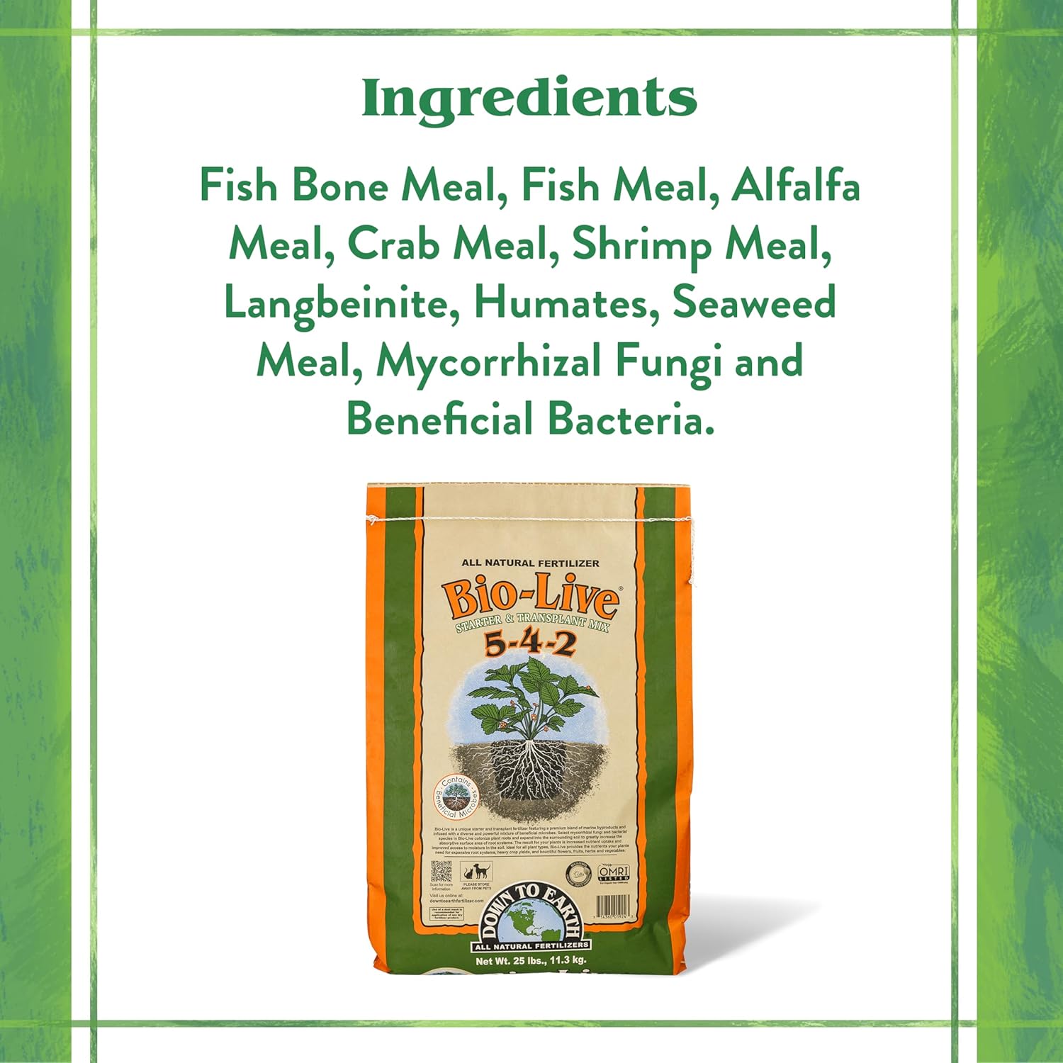 Down To Earth All Natural Fertilizers Organic Bio-Live Starter & Transplant Mix with Mycorrhizal Fungi and Benefical Microbes for Plant Food 5-4-2, 25 lb