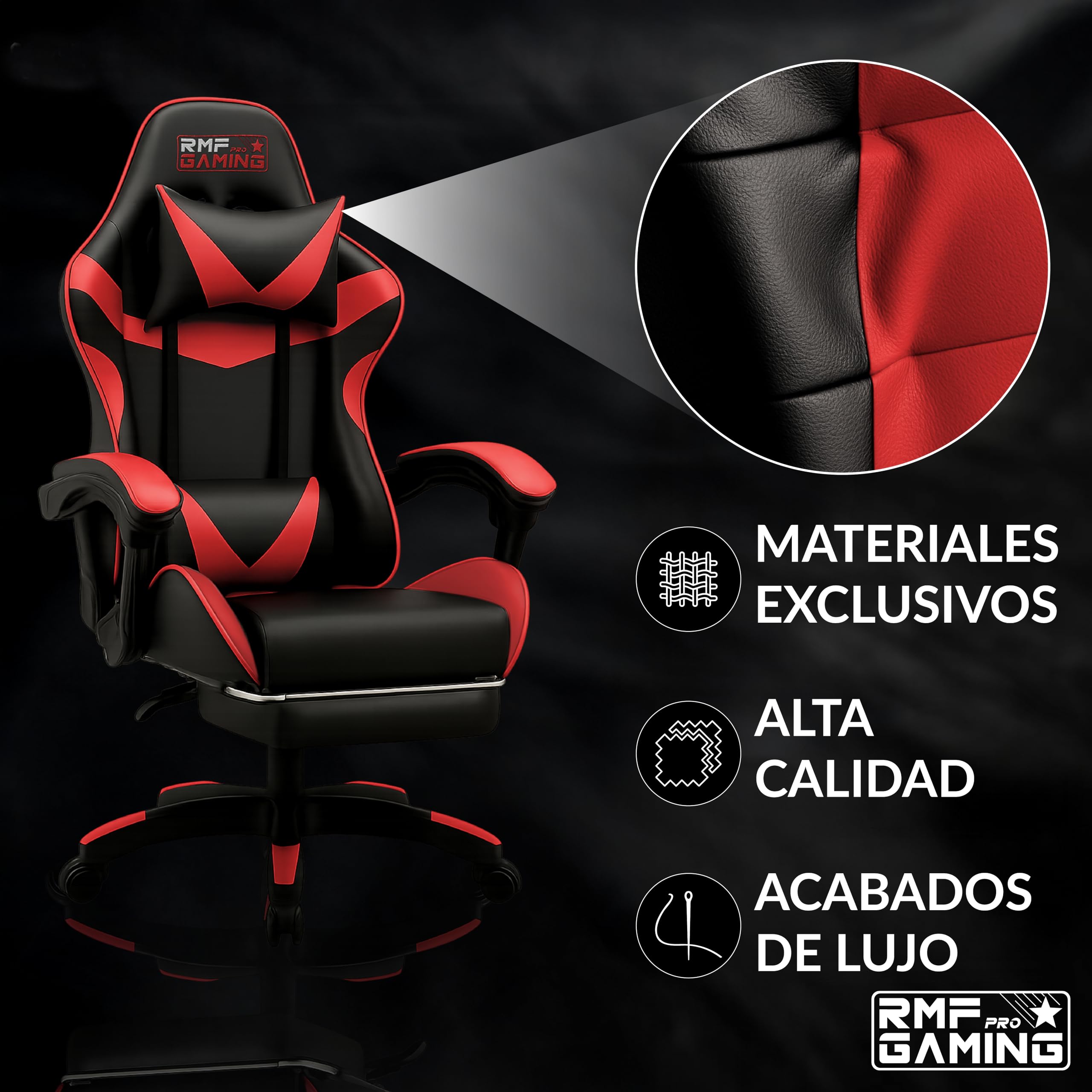 RMF Silla Gaming Profesional Ergonómica Reclinable, Sillón Gaming de Asiento Cómodo y Relajante con Reposapiés - Silla para Gamer con Ruedas Giratorias, Altura Ajustable Rojo/Negro