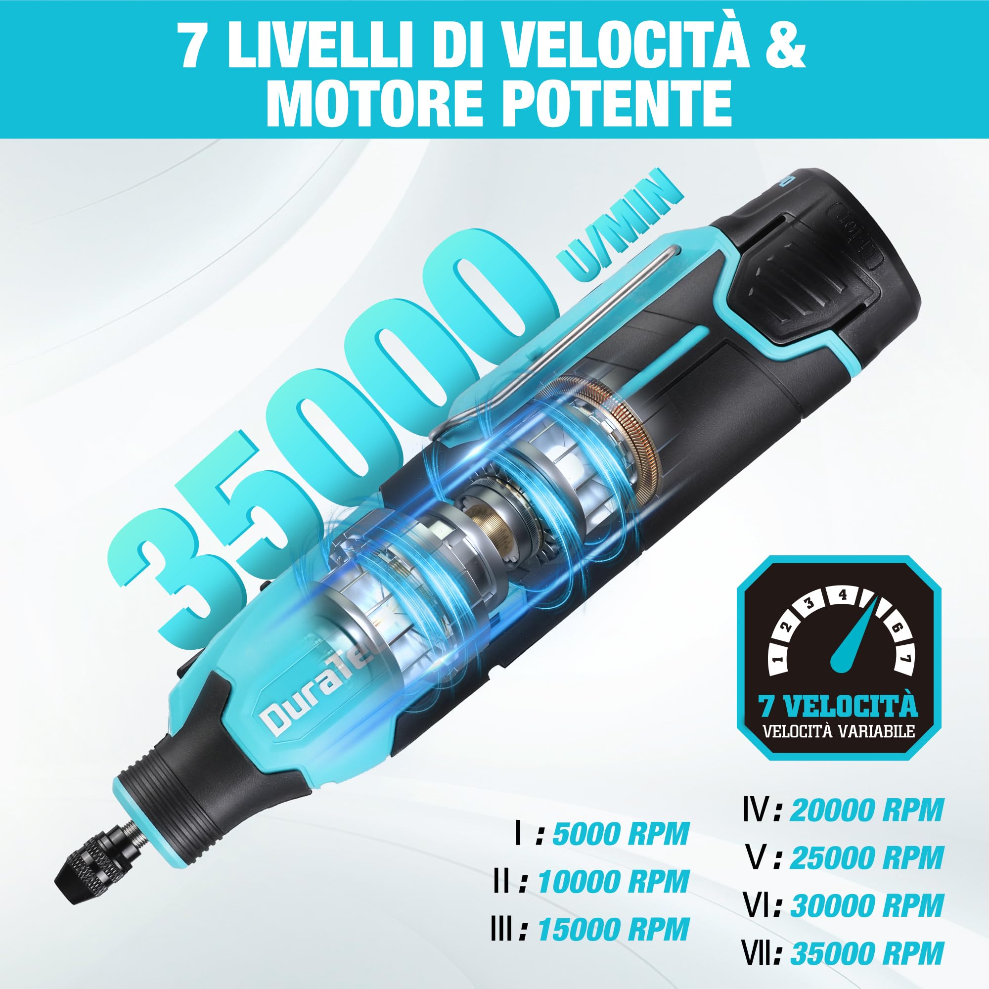 DURATECH Strumento Multifunzione Ricaricabile 35.000 giri/min 7 Velocità con 118 Accessori