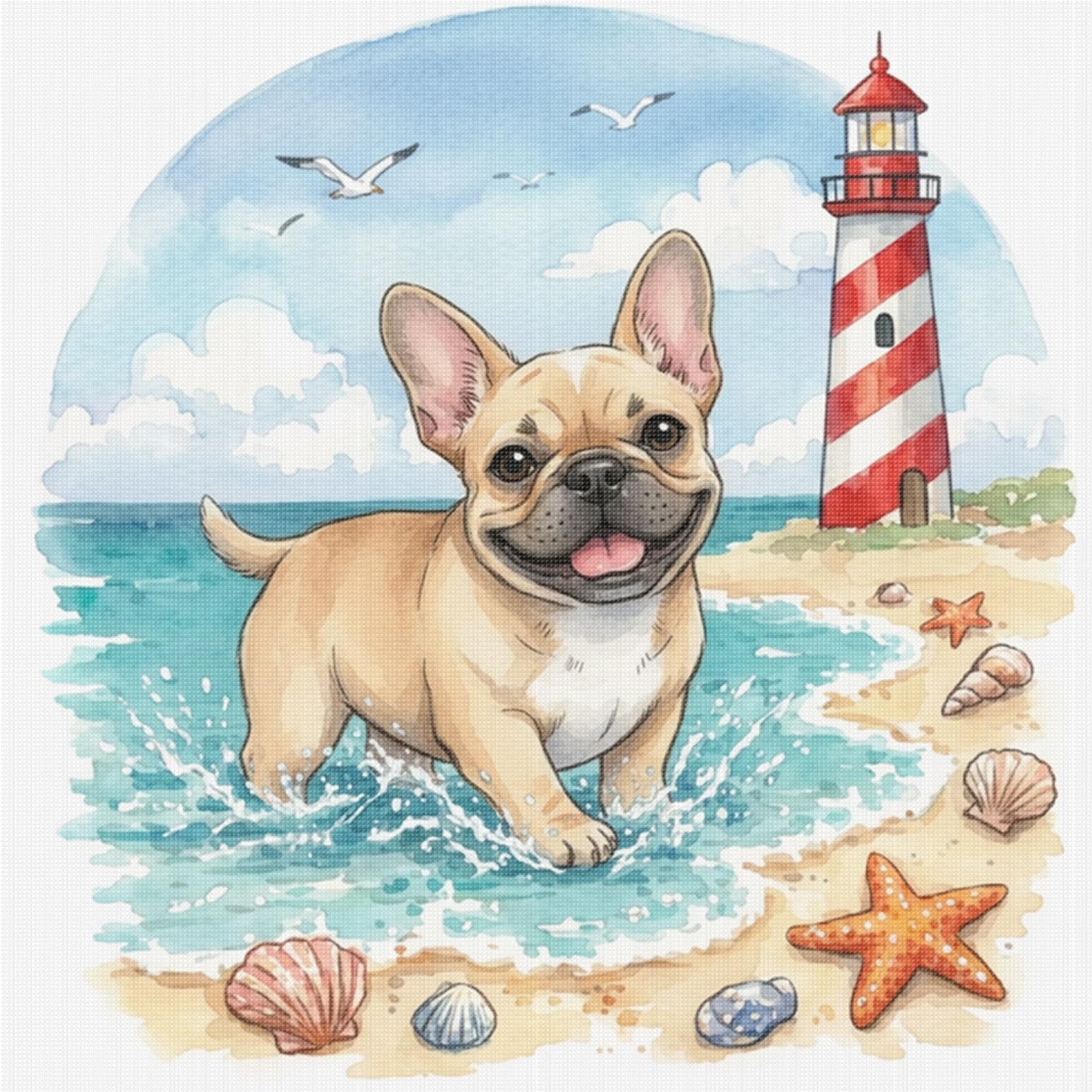 French Bulldog on The Beach Full 14CT DIY Stamped Cross Stitch Kits 11.81x11.81inch Embroidery Needlepoint Starter Kits for Beginners Adults Home Decor