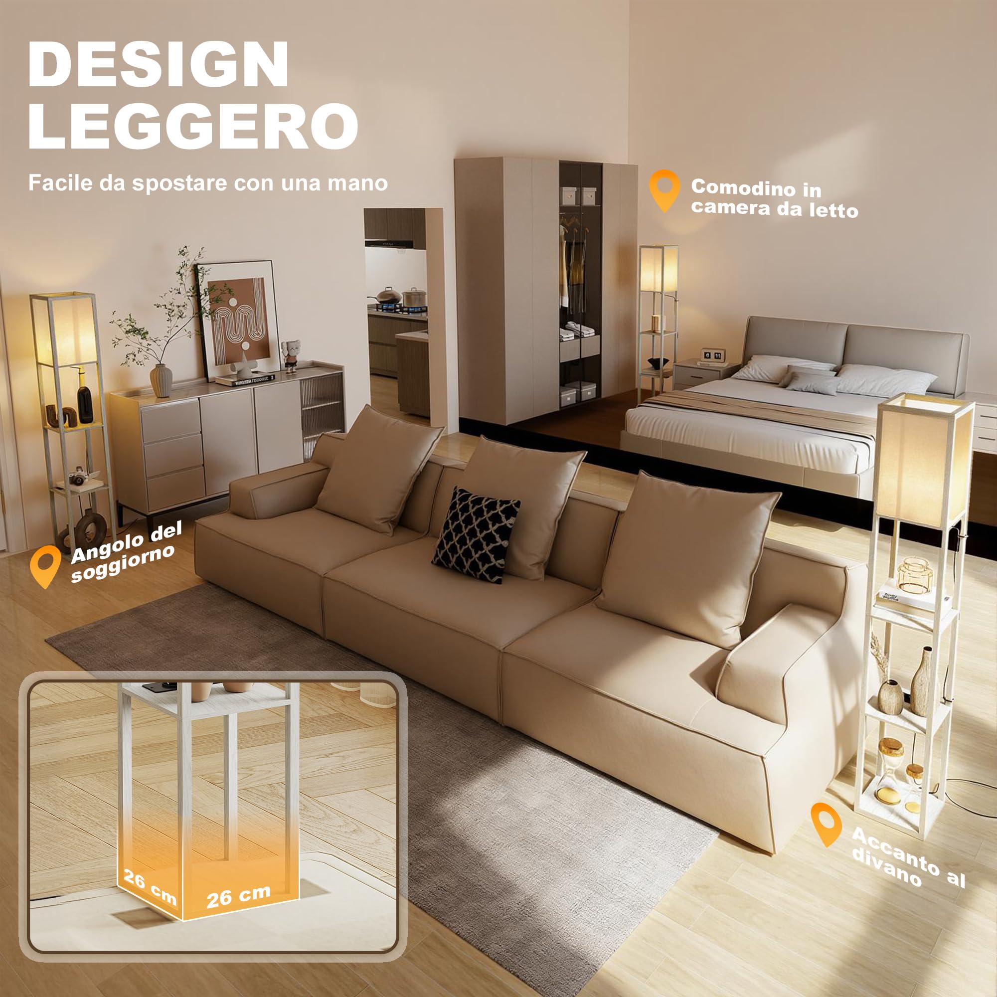 HOMCOM Lampada da Terra LED con Ripiani, Lampada Moderna con Interruttore a Pedale e Porte USB, Temperatura della Luce Regolabile per Soggiorno e Camera da Letto, Bianco e Rovere