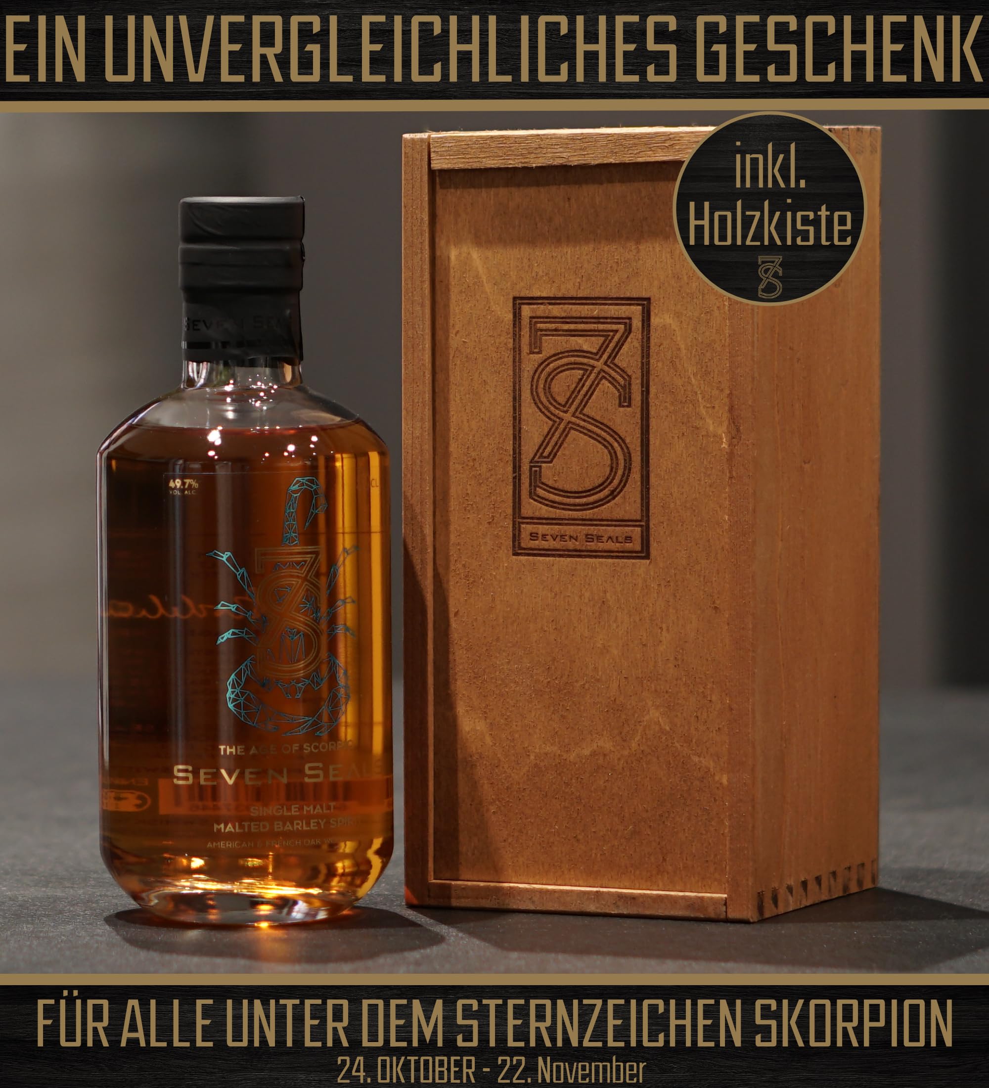 Seven Seals - The Age of Scorpio Premium Single Malt 0,5 I Geschenkset mit Holzbox | Geschmack & Aroma von Vanille, gerösteten Nüssen, Holz | Passendes Geschenk für Sternbild Skorpion | 49.7% Alkohol
