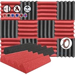 Techos Acusticos Oficina Arrowzoom 12 Paneles acustico absorción sonido Cuña Wedge 25x25x5cm Espuma acústica aislamiento acustico estudio de grabación Casas Estudios Azulejos Incombustibles Insonorizados Negro Rojo