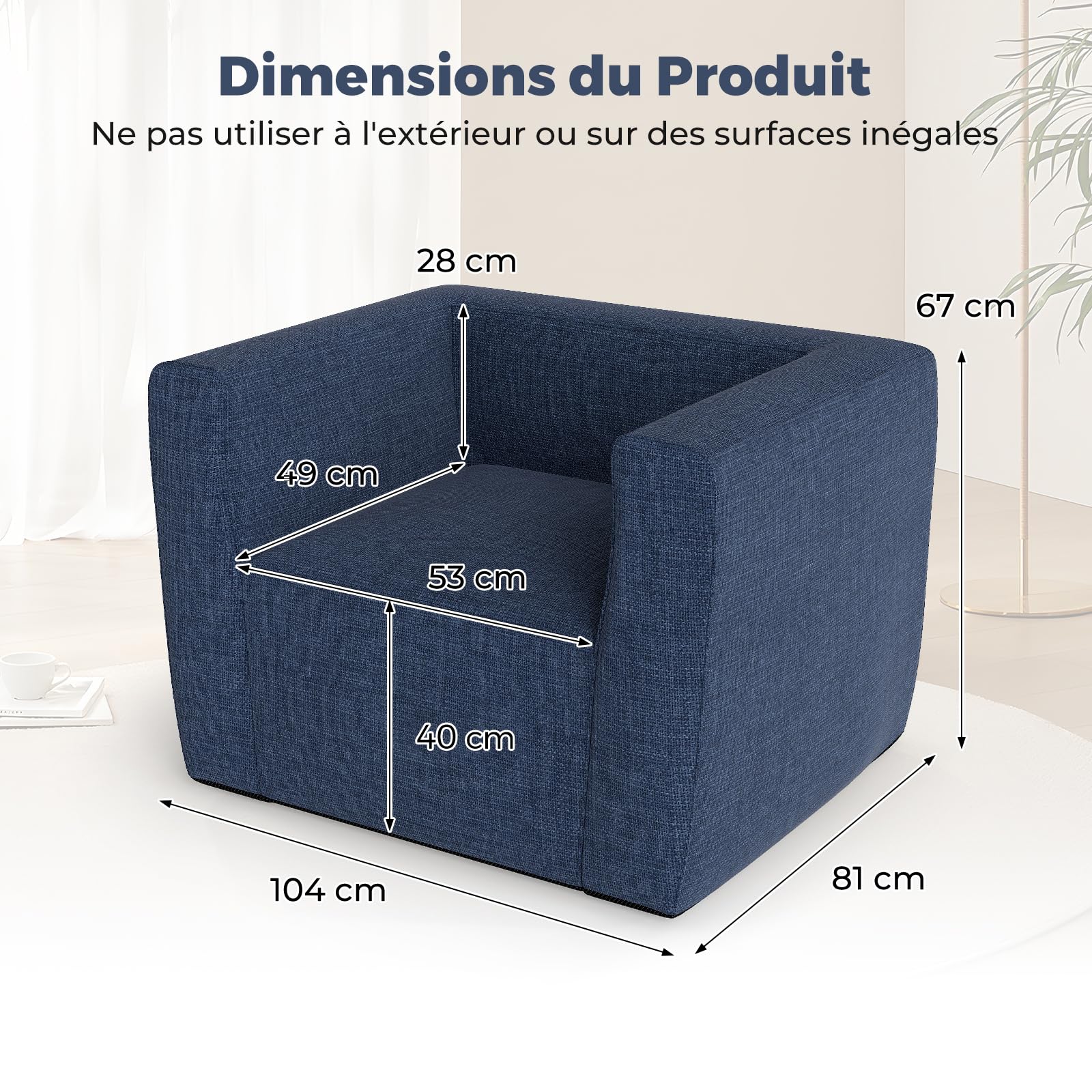 COSTWAY Fauteuil Gonflable, Canapé Portable 1 Place avec Housse Détachable, Accoudoirs Larges & Assise Spacieuse, Base Antidérapante, Fauteuil Gonflable Intérieur pour Salon, Bureau, Chambre (Bleu)