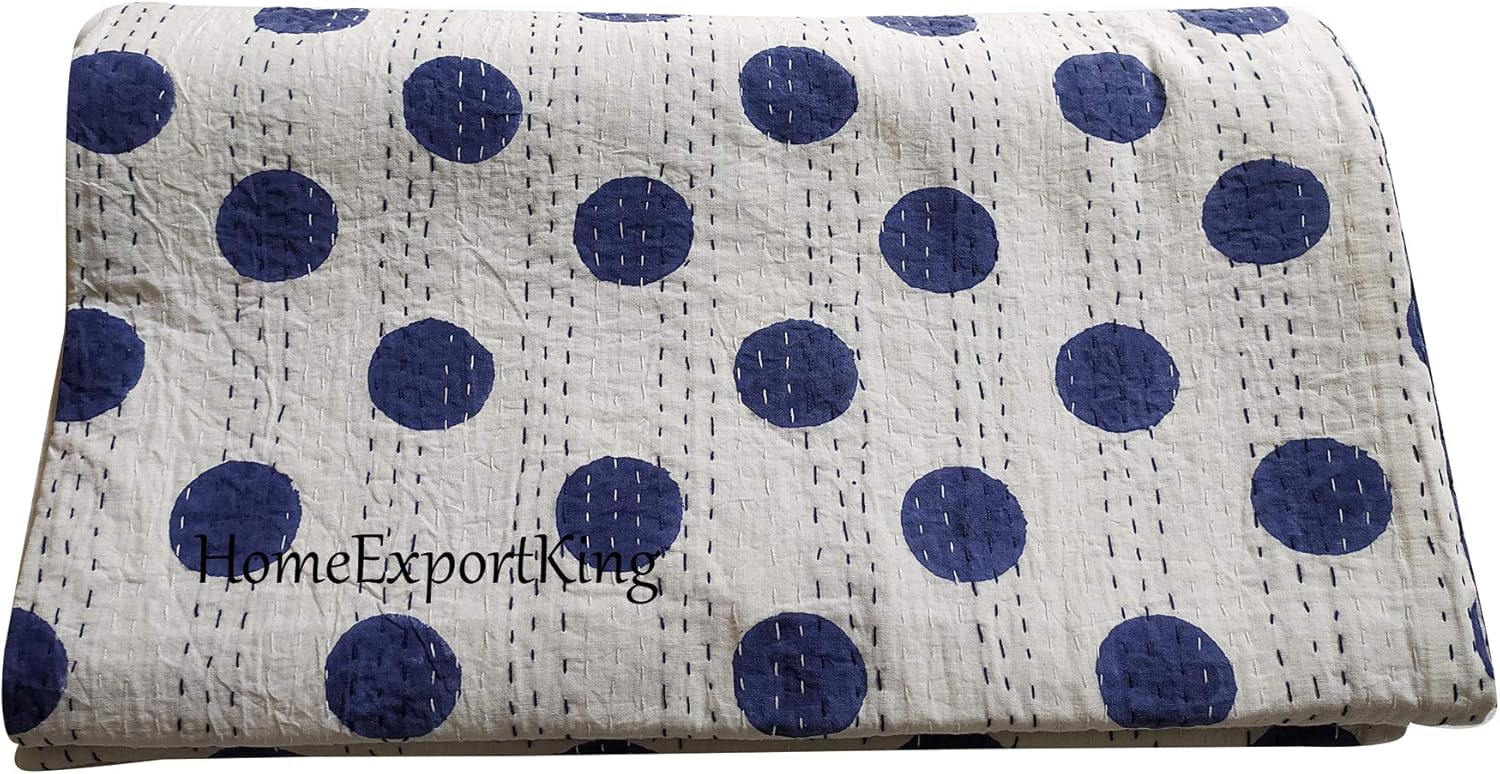 Bohemian Polka Dot Kantha Quilts Indian Polka Dot Print Throw Blanket Bohemian Decor Bedroom Stitched Bedding Handmade Queen Size Kantha Bed Sheet, Blue