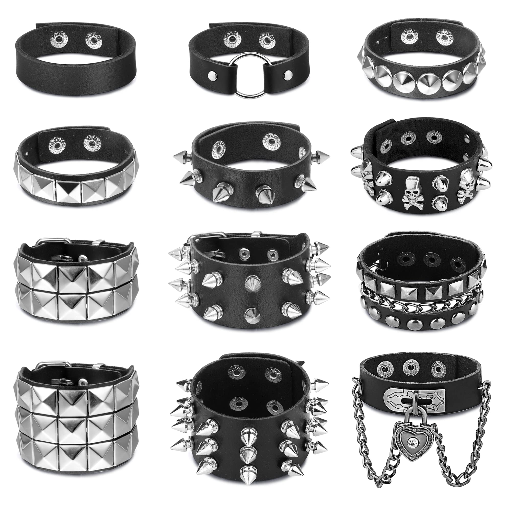 sailimue 3-12Pieces Punk Studded Bracelet PU Leather Bracelet for Men Women Rivets Bracelet Cuff Bangle Bracelet Adjustable Black Goth Bracelets Wristband for Halloween Jewelry Gift