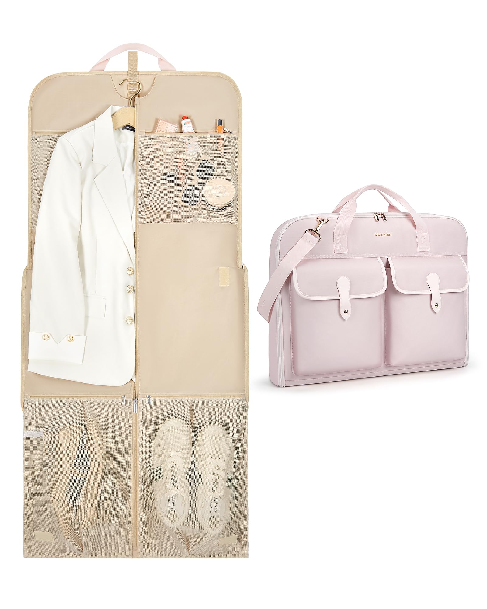 BAGSMART Large Garment Bags for Travel, Carry on Garment Bags for Hanging Clothes, Travel Suit Bag for Shirts Dresses Coats, Pink