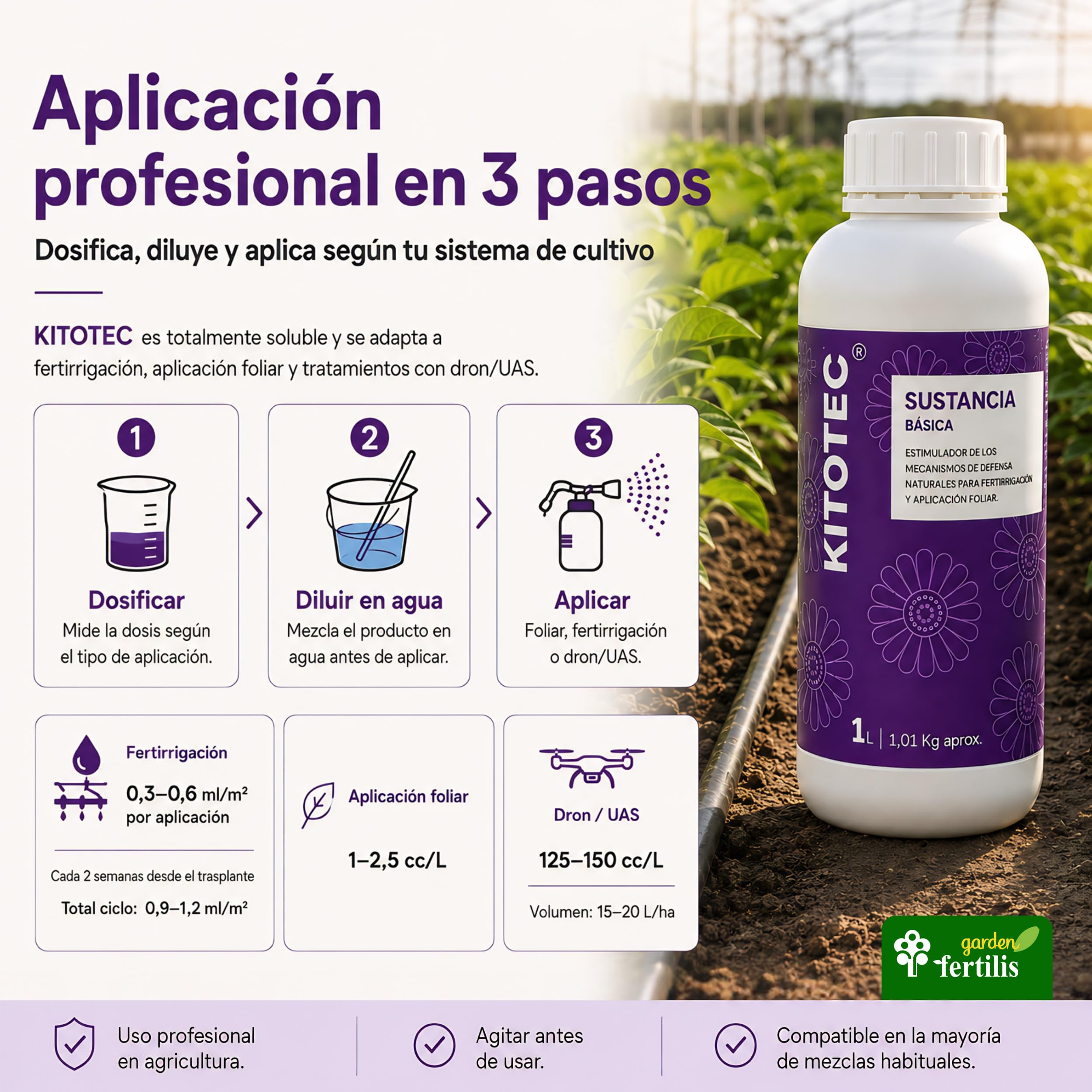 BC Fertilis KITOTEC | Fertilizante Ecológico Profesinal 1L con Quitosano 5%. Crea un Biofilm Protector Natural contra Hongos e Insectos. Eficaz Frente al Estrés Hídrico y Térmico. Certificado CAAE