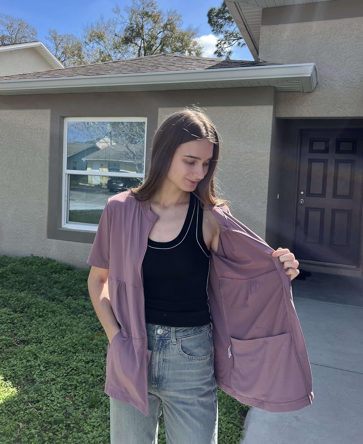 Youdiao Mastectomy Shirts with Drain Pockets Post-Surgery Must Haves Soft Full Front Zip-Up Short Sleeve Recovery Tops - Image 5