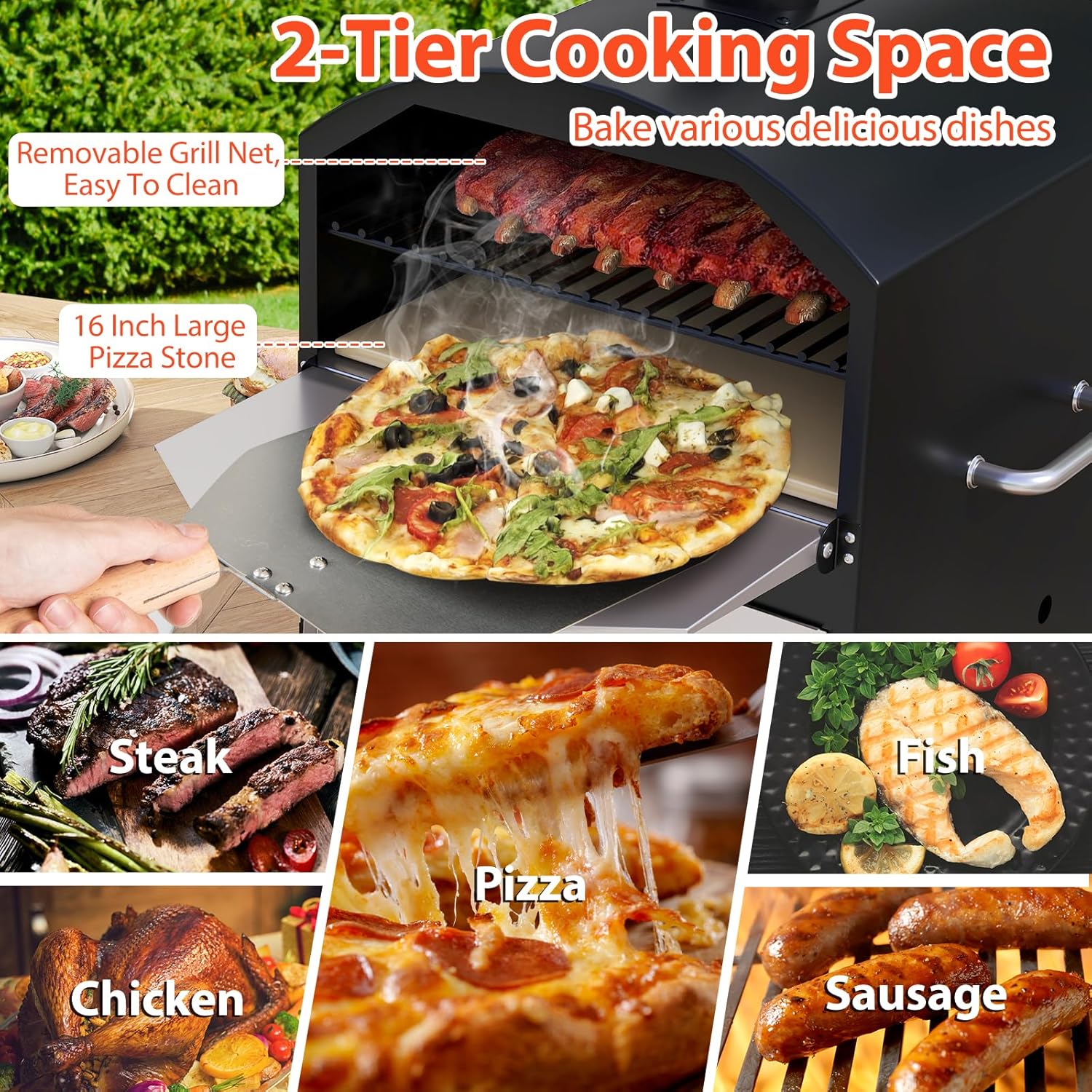 Pizza Oven Outdoor, 2-Layer Wood Fired Pizza Oven with 16" Pizza Stone, Portable Pizza Cooker with Folding Legs and Cover for Backyard Party BBQ, Charcoal & Wood Burning Grill