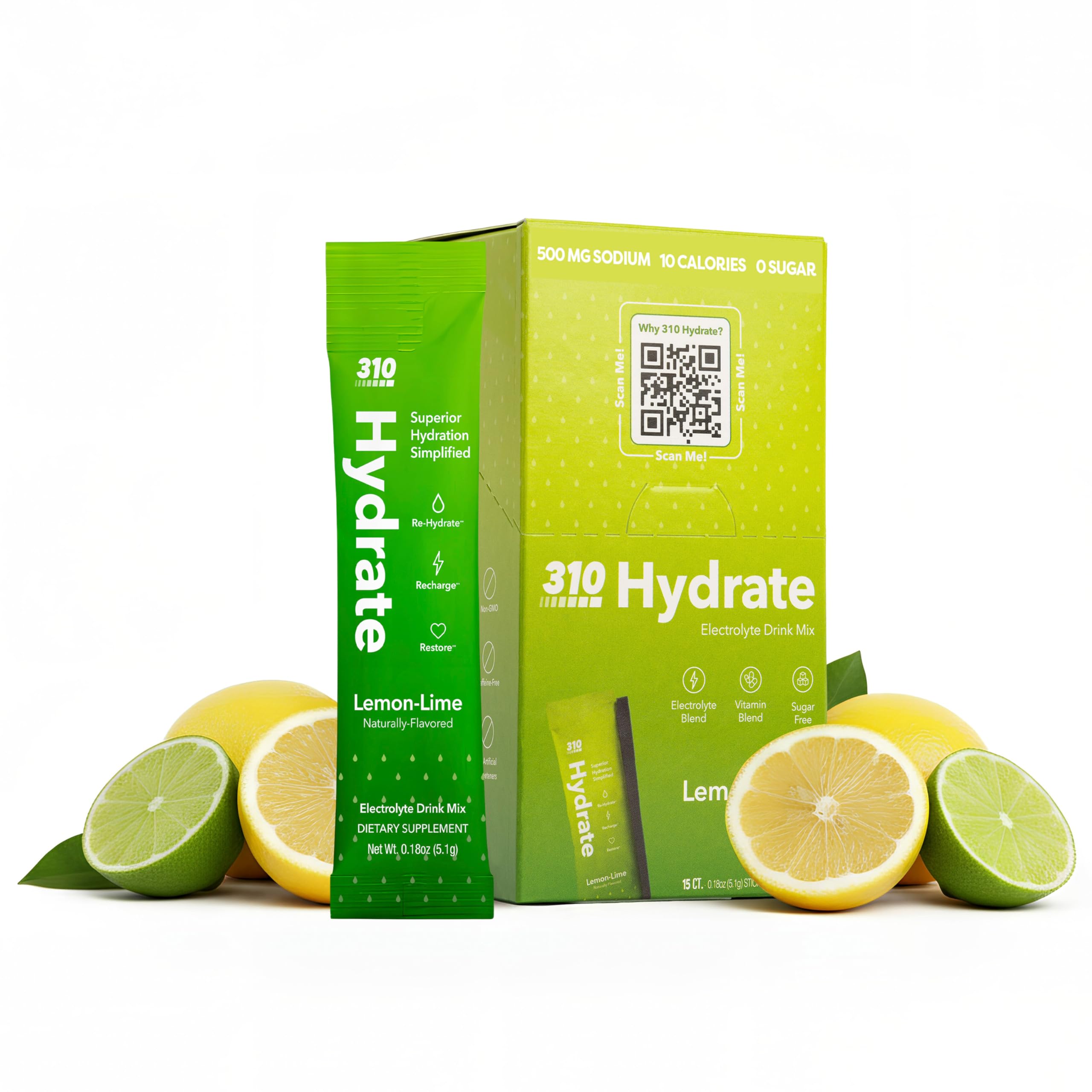 310 Nutrition Sugar Free Electrolytes Powder - Instant Hydration Packets for Daily Fluid Balance - Caffeine-Free Rehydration Drink Mix, Low Calorie & Keto Friendly - Lemon Lime 15 Singles