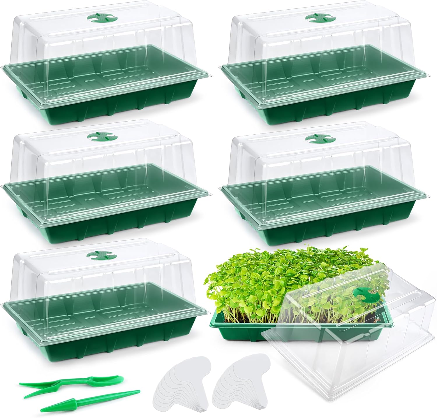 Hahood 6 Packs Seed Starter Tray Kits with Humidity Dome, Plastic Germination Growing Trays with Plants Labels Planting Tools for Seeds Growing Starting, Germination Seedling Propagation, Green