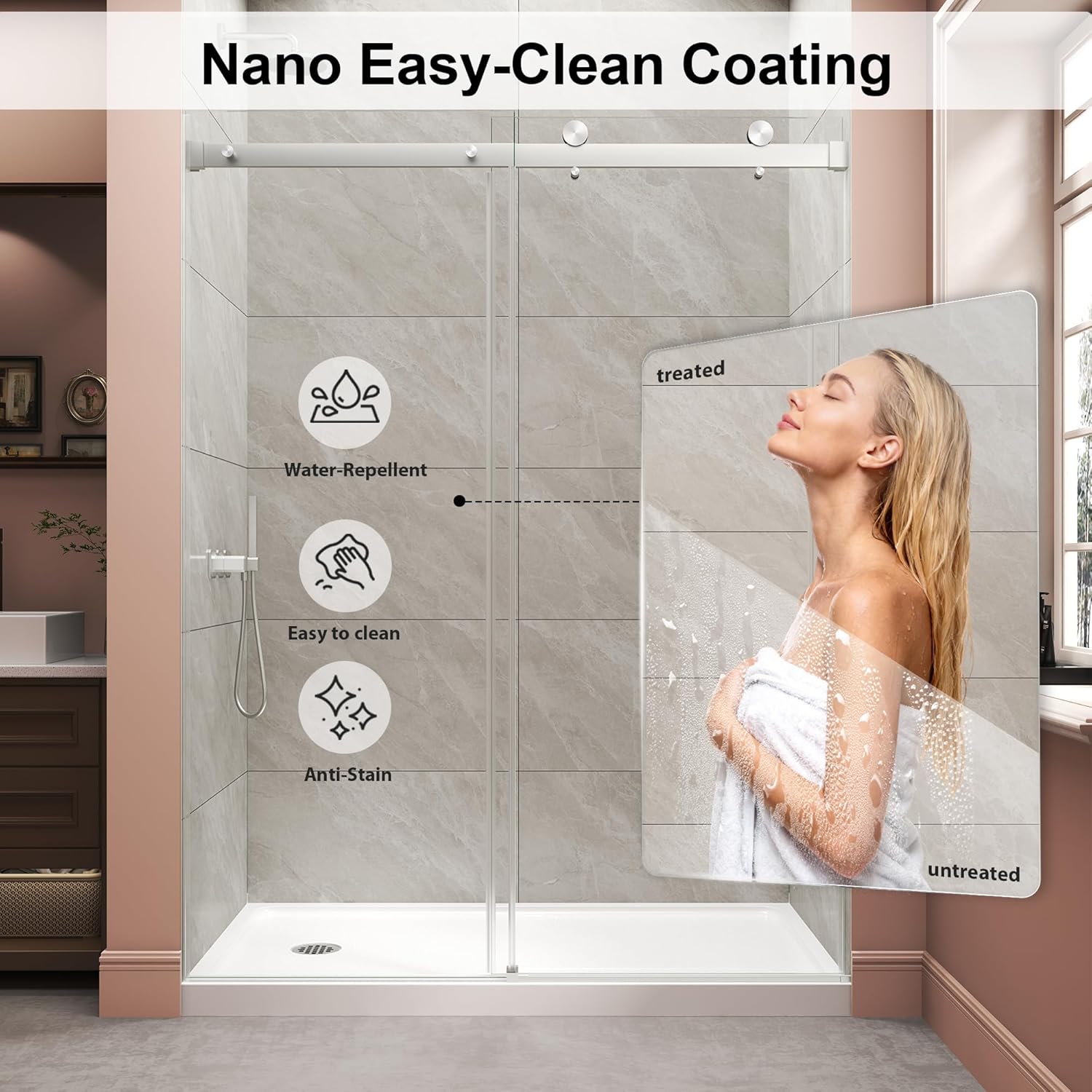 Frameless Shower Door,Single Sliding Glass Shower Door with Nano Coating & Safety Film, Adjustable 43"-48" W x 72" H, Brushed Nickel,1/4" (6mm) SGCC Tempered Glass