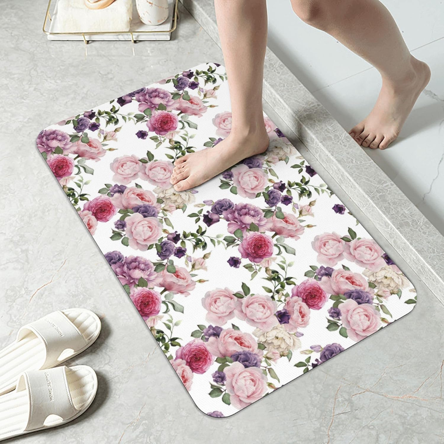 Bathroom Rugs Bath Mat - Thickened Absorbent Non-Slip Multi-Purpose Door Mat, Water Absorbent Rug for Bathroom, Kitchen, Entryway, 19.1 * 31.5 in,Pink Rose Pattern