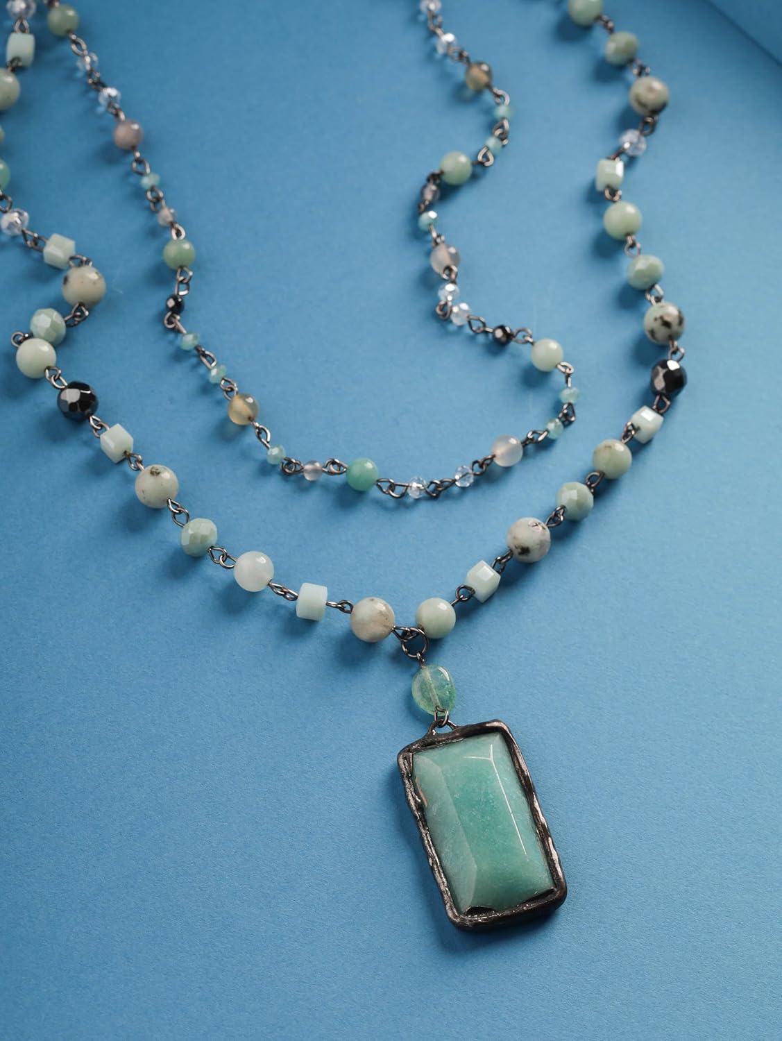 MINACHI Boho Layered Necklace with Green Aventurine-Toned Pendant, Handmade Beaded Chain Jewelry, Vintage Hippie Necklace for Women - Image 8