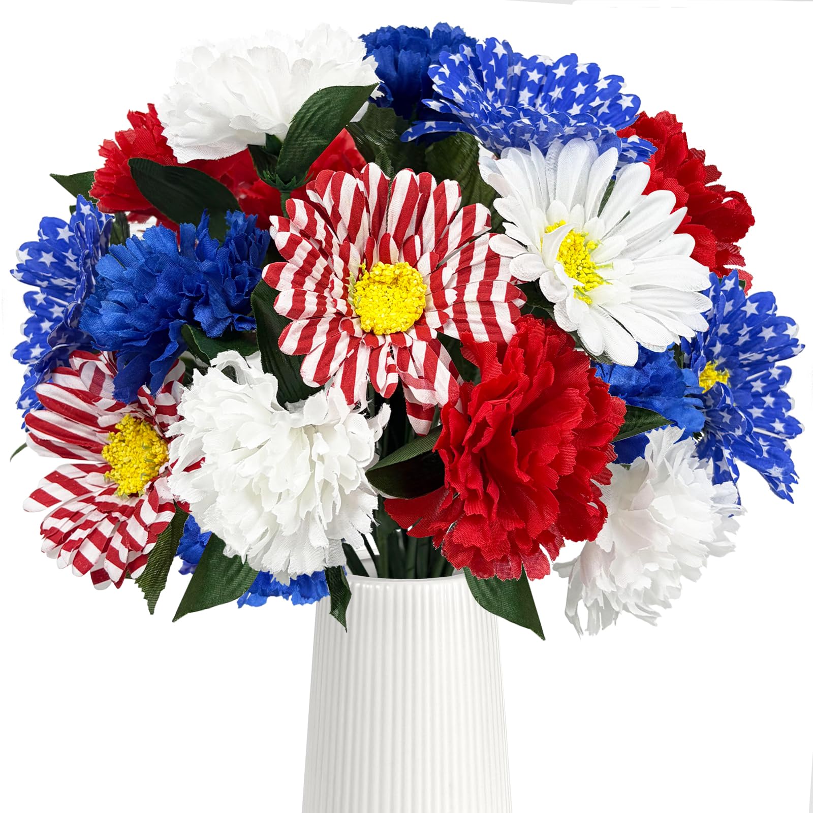 20 Stems Red White and Blue Flowers Artificial 13" Mixed Patriotic Dasiy Flower Silk Bouquet for Memorial 4th of July Independence Day Centerpiece Table Home Decor Cemetery Grave Decor(No Vase)