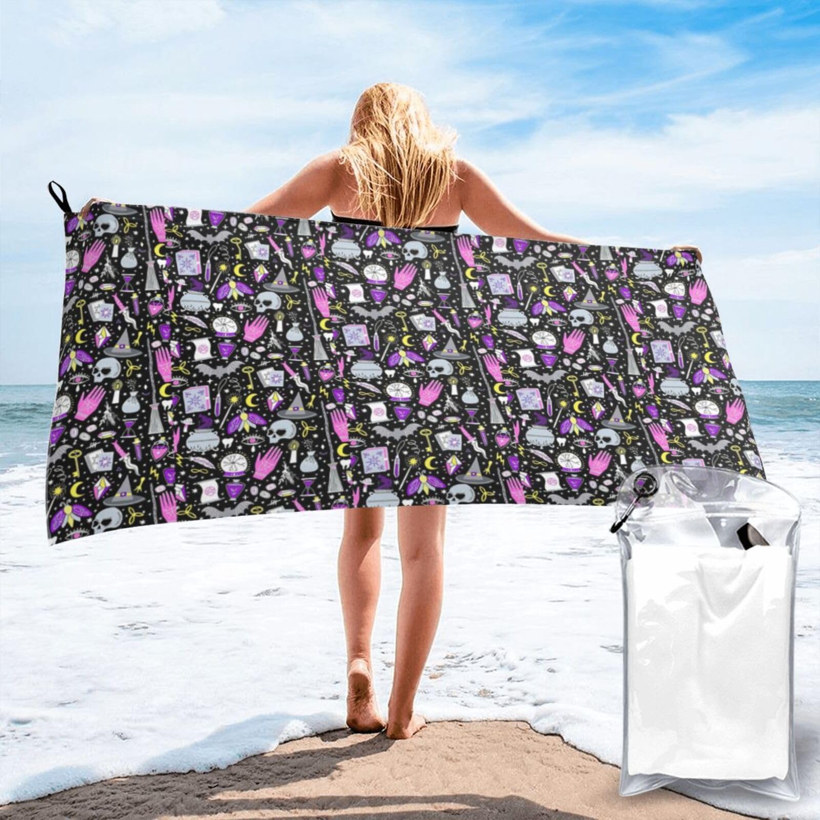 FHIZOAL Magic Witch Witchcraft Bohemian Drawing Quick Dry Towel Microfibre Towel Super Absorbent Ultra Compact Gym Sports Beach Camping Travel