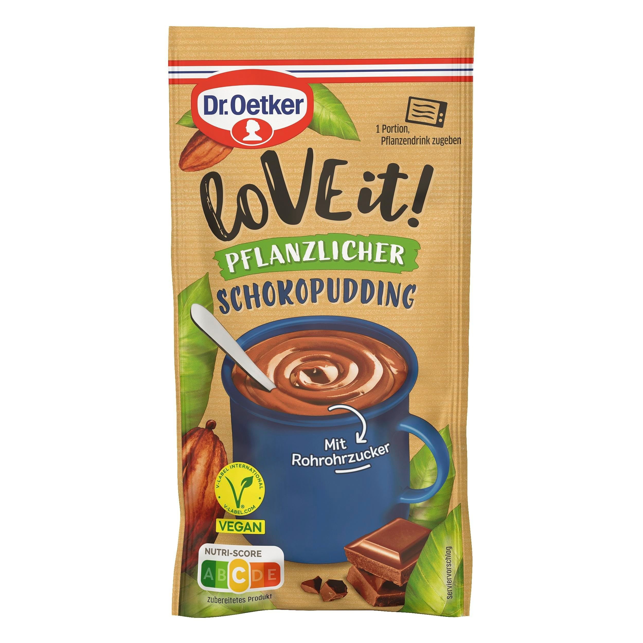 Dr. Oetker LoVE it! Pflanzlicher Pudding Schokolade 12er Pack, veganes Dessertpulver für die schnelle Zubereitung eines Tassen-Pudding