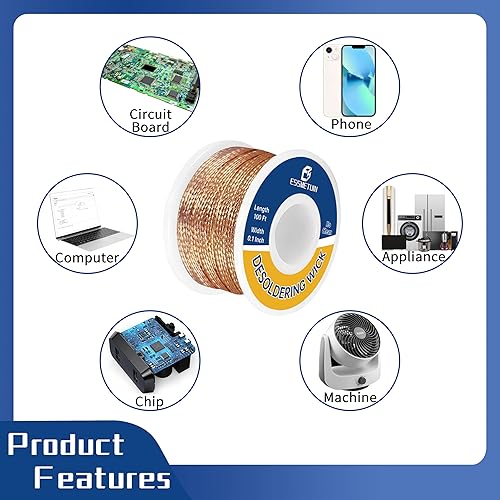 Miniatura 10 de Essmtuin - Trenza de mecha de soldadura de 10 pies con fundente para electrónica, 2 rollos de desoldadura para desoldar, mecha de soldadura sin