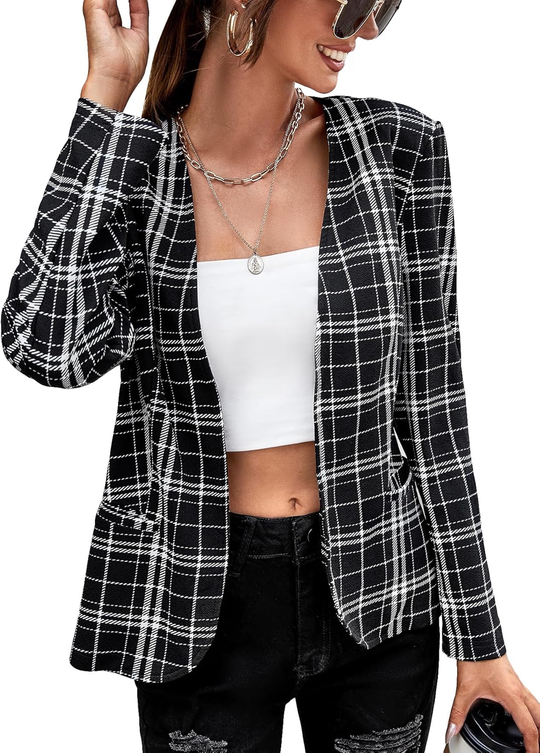 Milumia Women Plaid Blazer Business Casual Open Front Dressy Jacket with Pocket