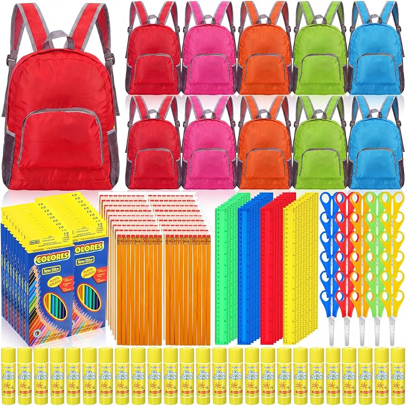 144pcs/24set Back to School Supplies Bulk Kit Include Backpacks, Colored Pencils, HB Pencils, Scissors, Plastic Rulers, Glue Stick Bundle for Kids Classroom Donations Use (Bright)