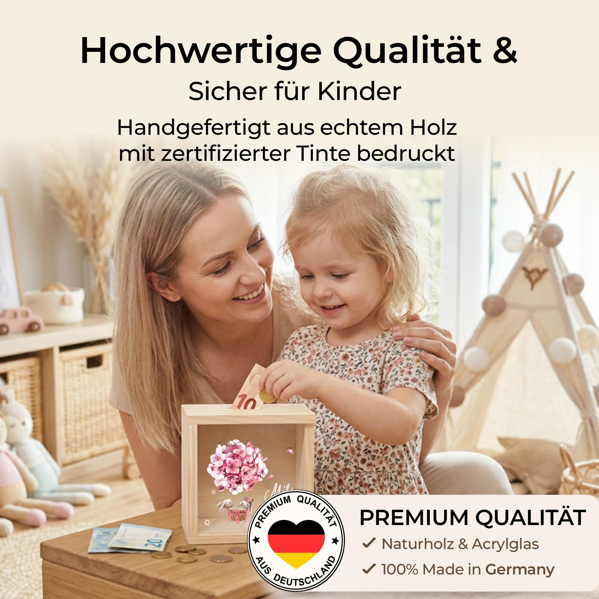 Little-Deco Spardose, Geldkassette, Sparbox, Geld sparen, Sparschwein Kinder, personalisierte Geschenke Kinder, personalisierte Spardose, Holzspardose, Taufgeschenke, Geschenk zur Geburt, 15x15cm