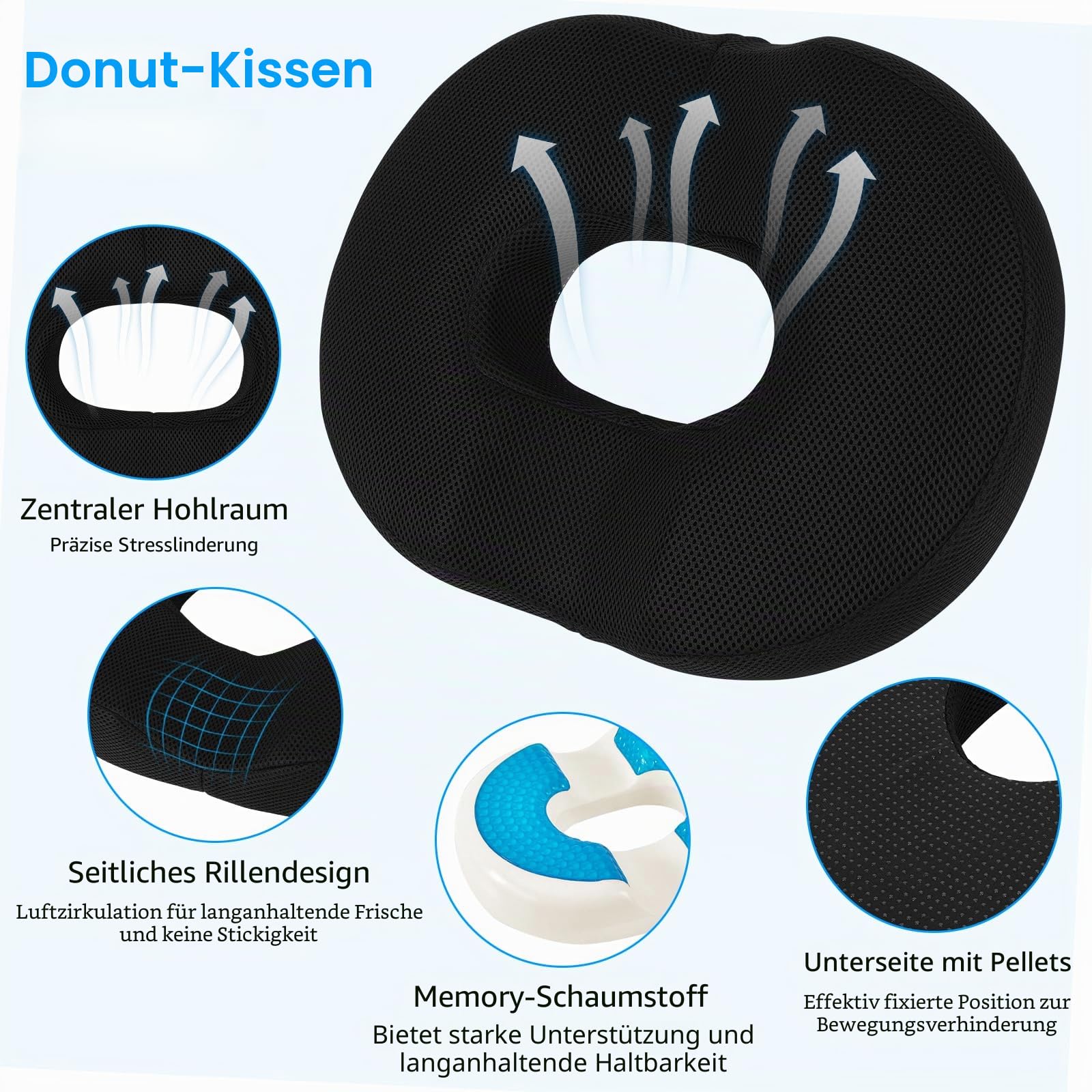 Sitzkissen Orthopädisch, Hämorrhoiden Sitzkissen, Donut Kissen für Ischias, Postnatal, Steißbein, Memory Foam Steißbeinkissen für Auto, Sofa, Büro, Rollstuhl, Sitzring Steißbein Entlastung, Schwarz