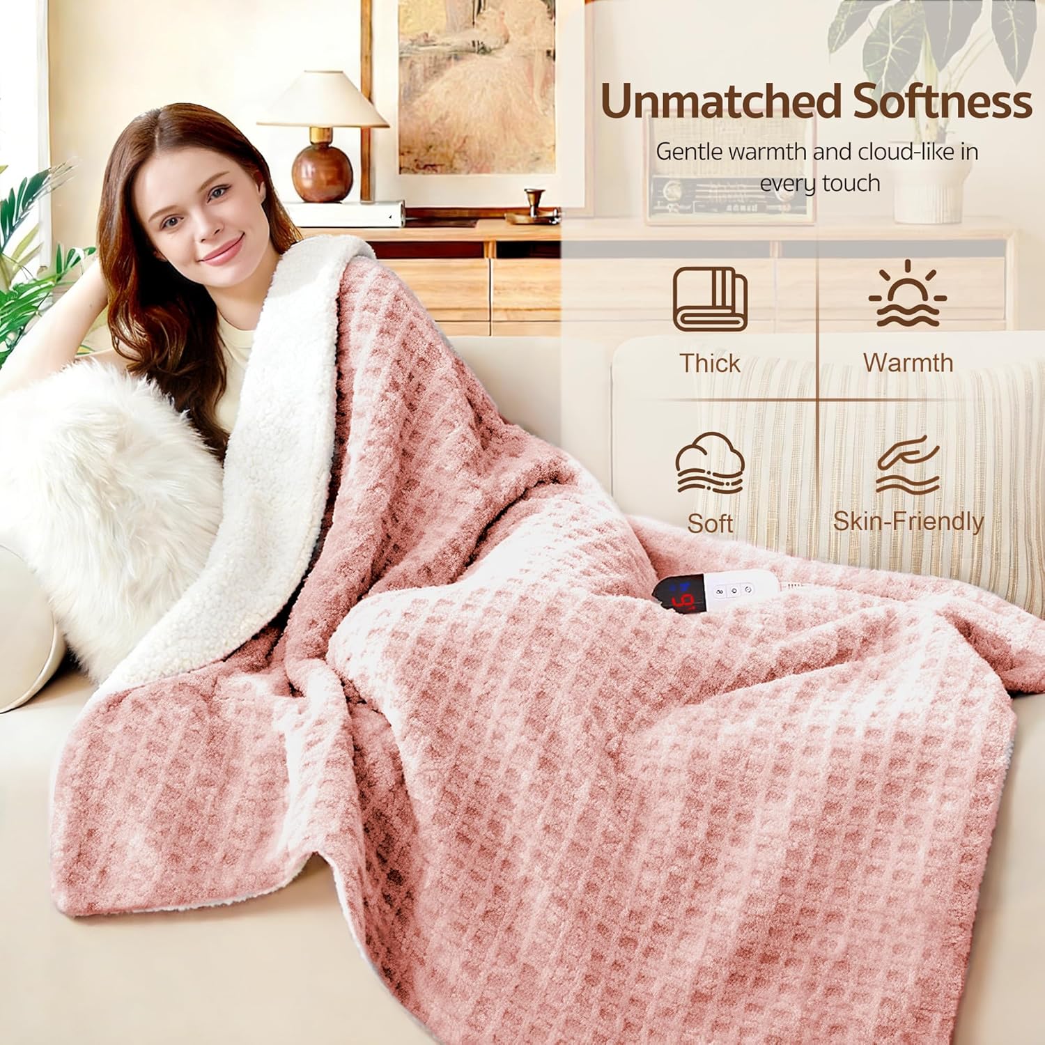 Waffle Heated Throw Blanket 50"x60" – Pink Blush Electric Blanket with 6 Heat Levels & 4 Timer Settings, Ultra-Soft Faux Fur & Sherpa, ETL Certified, Machine Washable, Ideal Gift for Women
