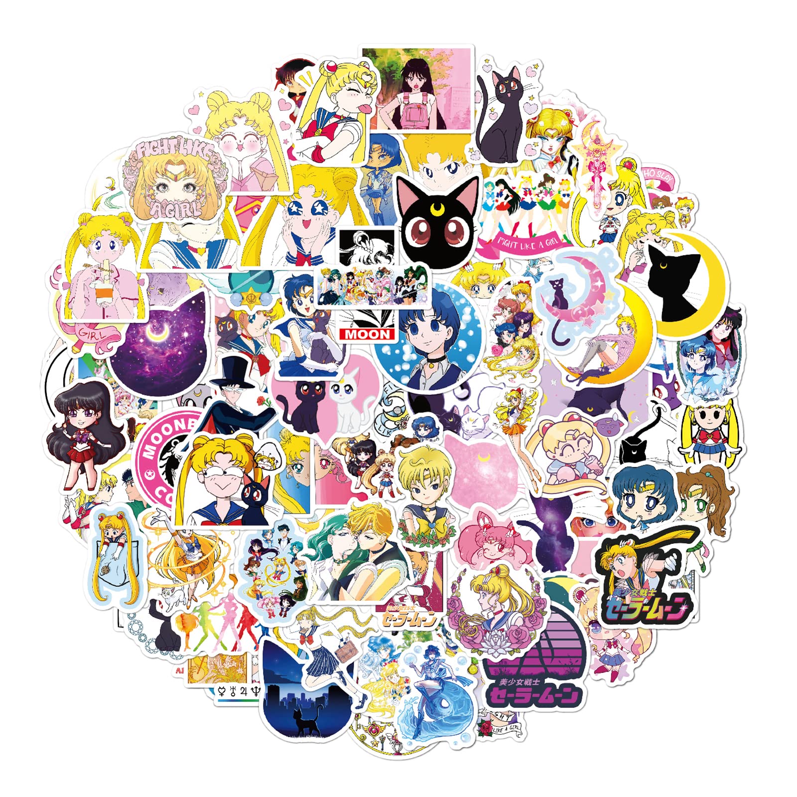 100 Sailor Moon Aufkleber, Wasserfeste Vinyl Stickers für DIY Dekoration, Graffiti Style Decals für Auto Motorräder Laptop Fahrrad Skateboard Snowboard Gepäck Aufkleber MacBook iPad und mehr