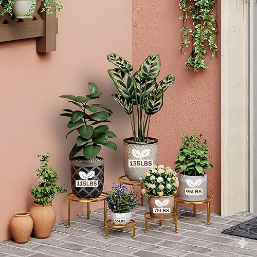 Miniatura 3 de Paquete de 5 soportes de metal para plantas, paquete de 5 soportes redondos, estante escalonado para plantas en interiores y exteriores, estante de
