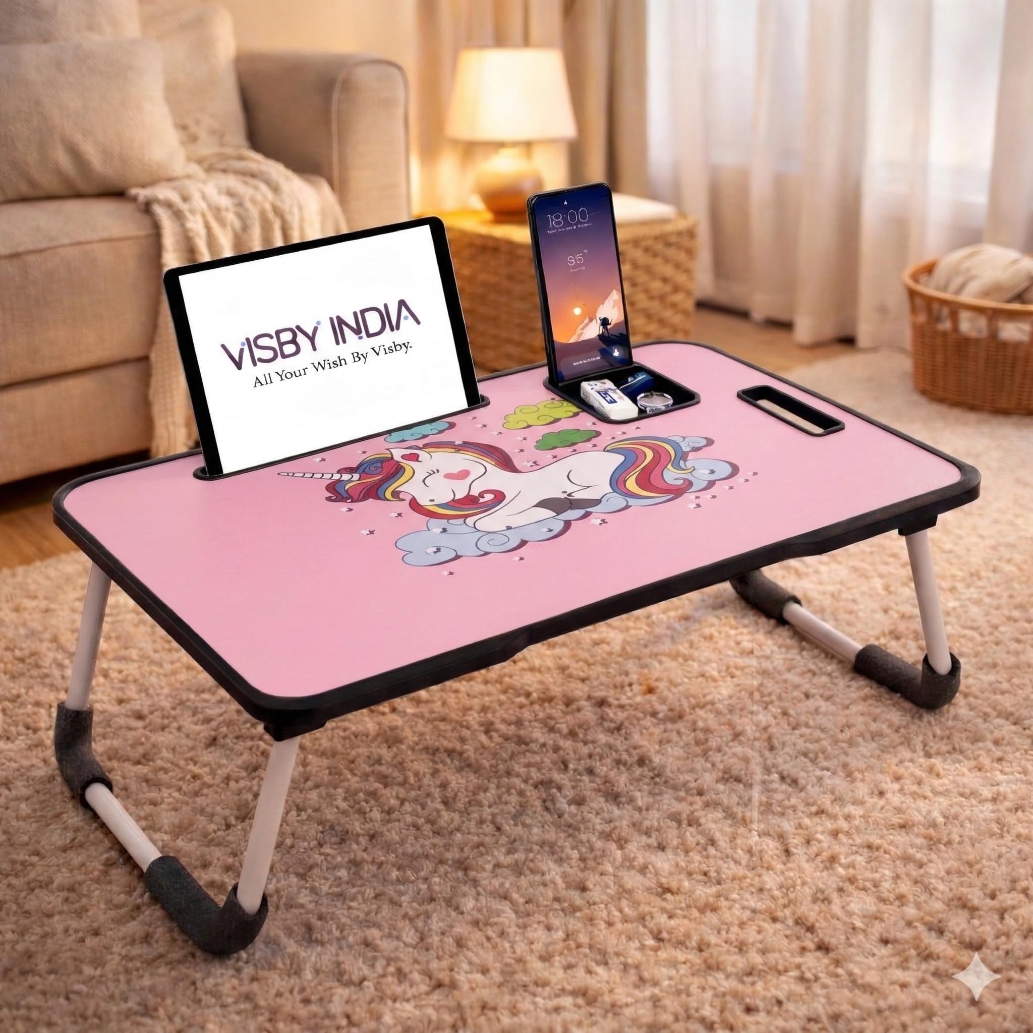 VISBY INDIA Smart Multipurpose Foldable Laptop Table with Cup Holder, Study Table, Bed Table, Breakfast Table, Foldable and Portable/Ergonomic & Rounded Edges/Non-Slip Legs (Unicorn C-Biding)-image-31