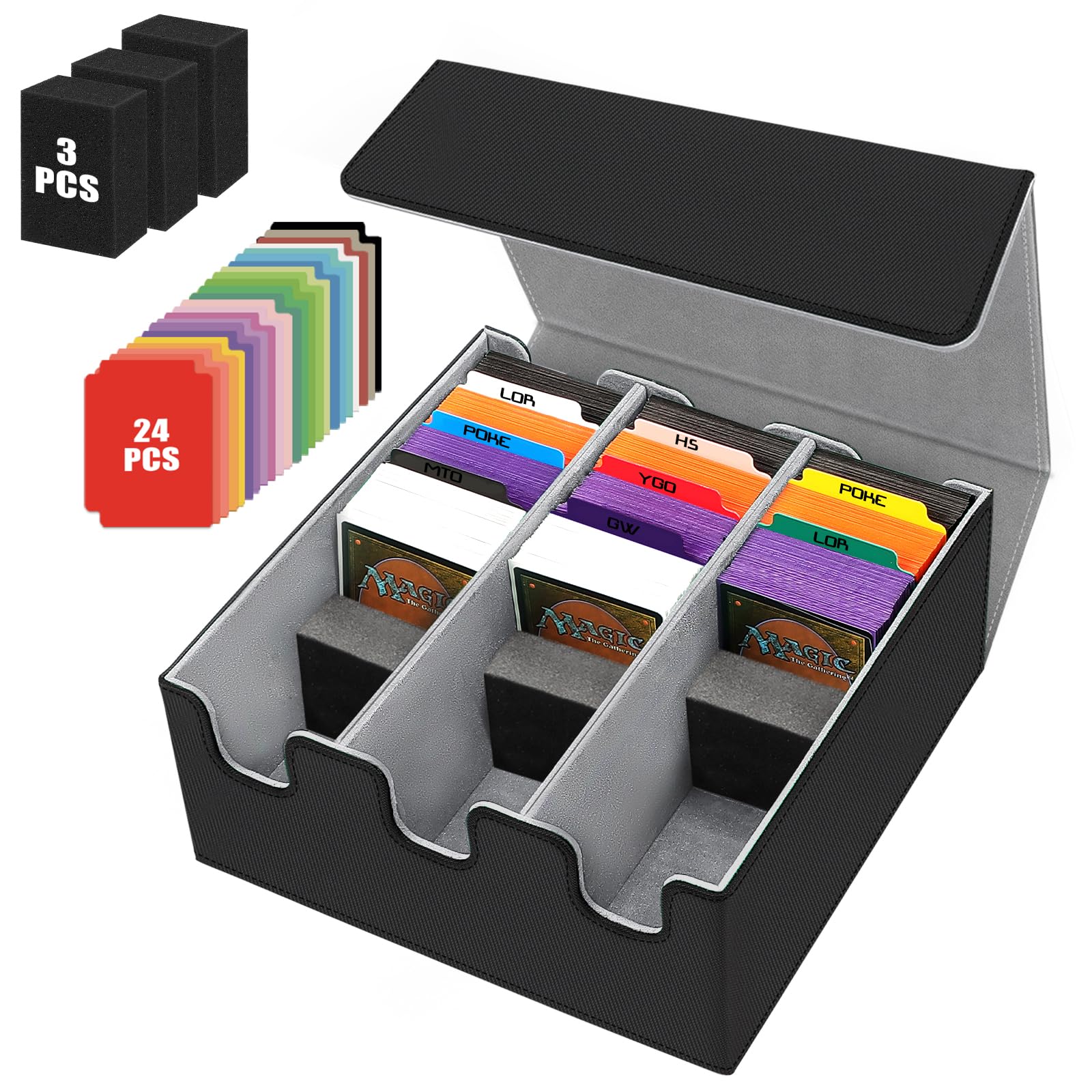 HIMOMO Boîte Rangement Carte, Étui pour Deck de 2100+ Cartes avec Similicuir et Fermeture Magnétique, Card Deck Box TCG, Compatible avec MTG, et Cartes de Sport, Inclut 8 Diviseurs(Gris)