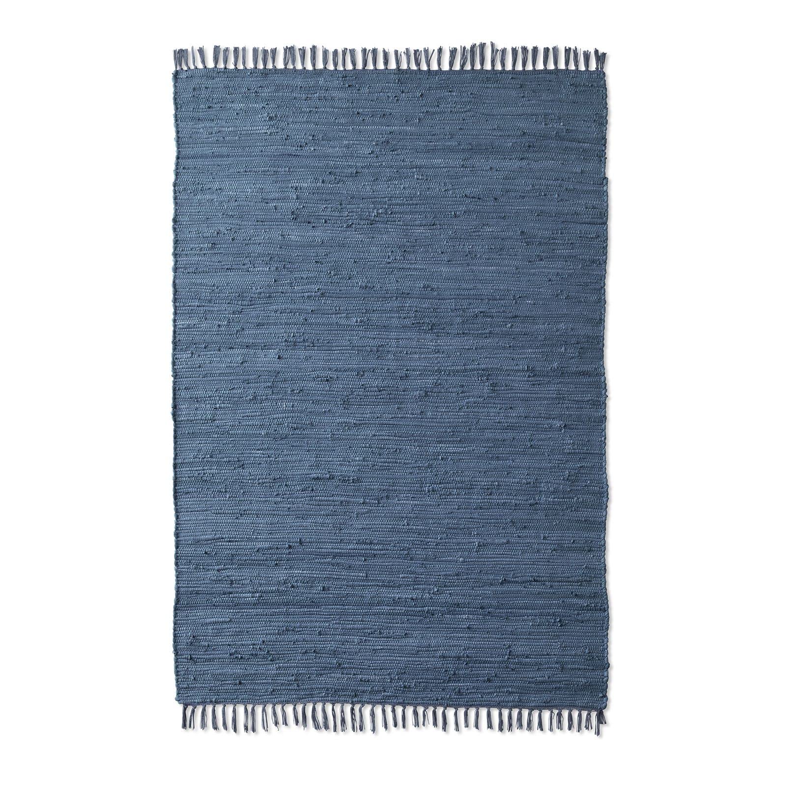 TacaHome Flicken-Teppich 100% Baumwolle I Waschbarer Fleckerl mit Fransen I Esszimmer Küche Badezimmer Wohnzimmer Kinderzimmer | 90 x 160 cm Blau