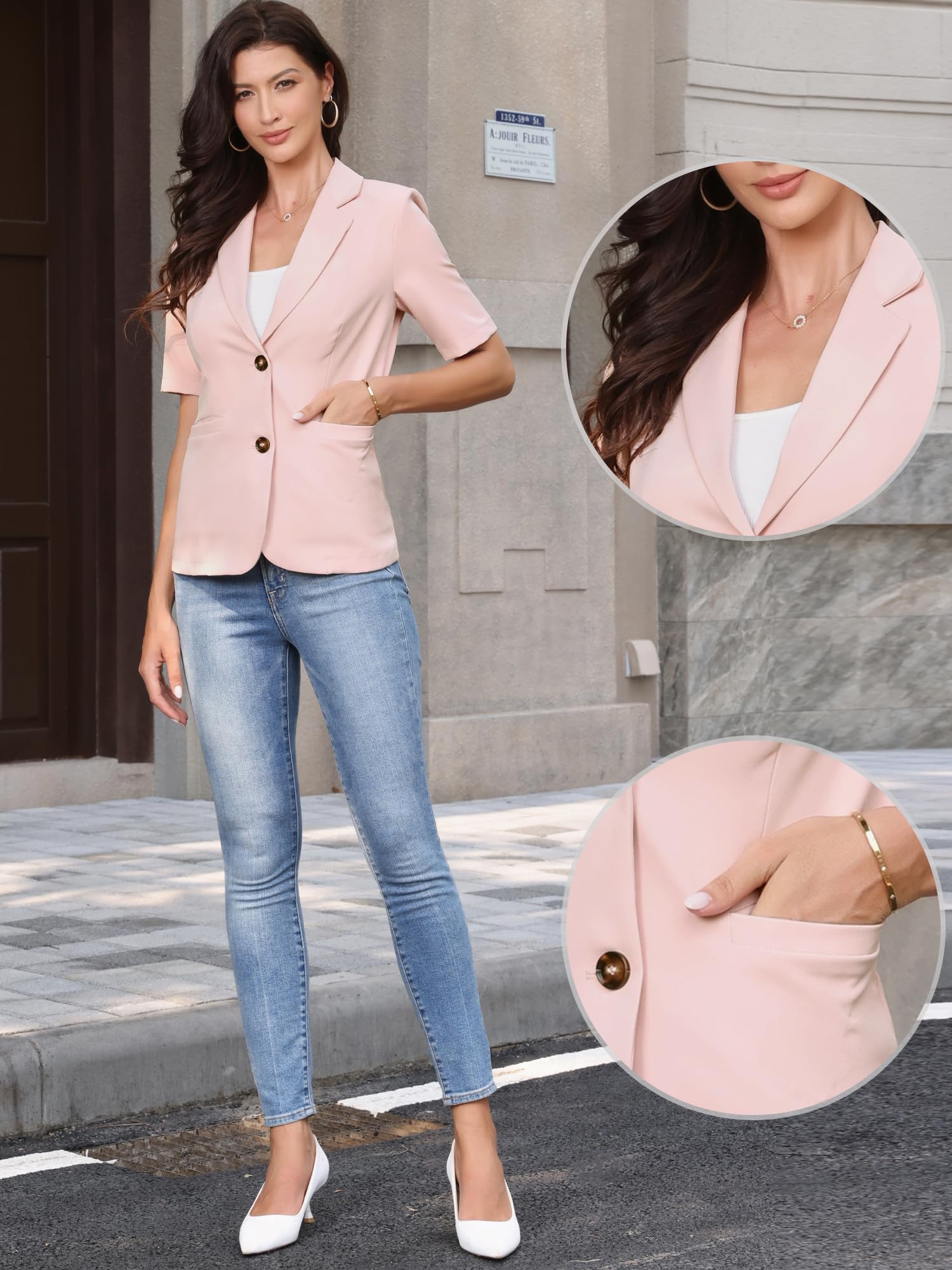 Allegra K Blazer à Manches Courtes Femme à Revers Cranté Veste de Costume Décontractée avec Poches pour Le Travail