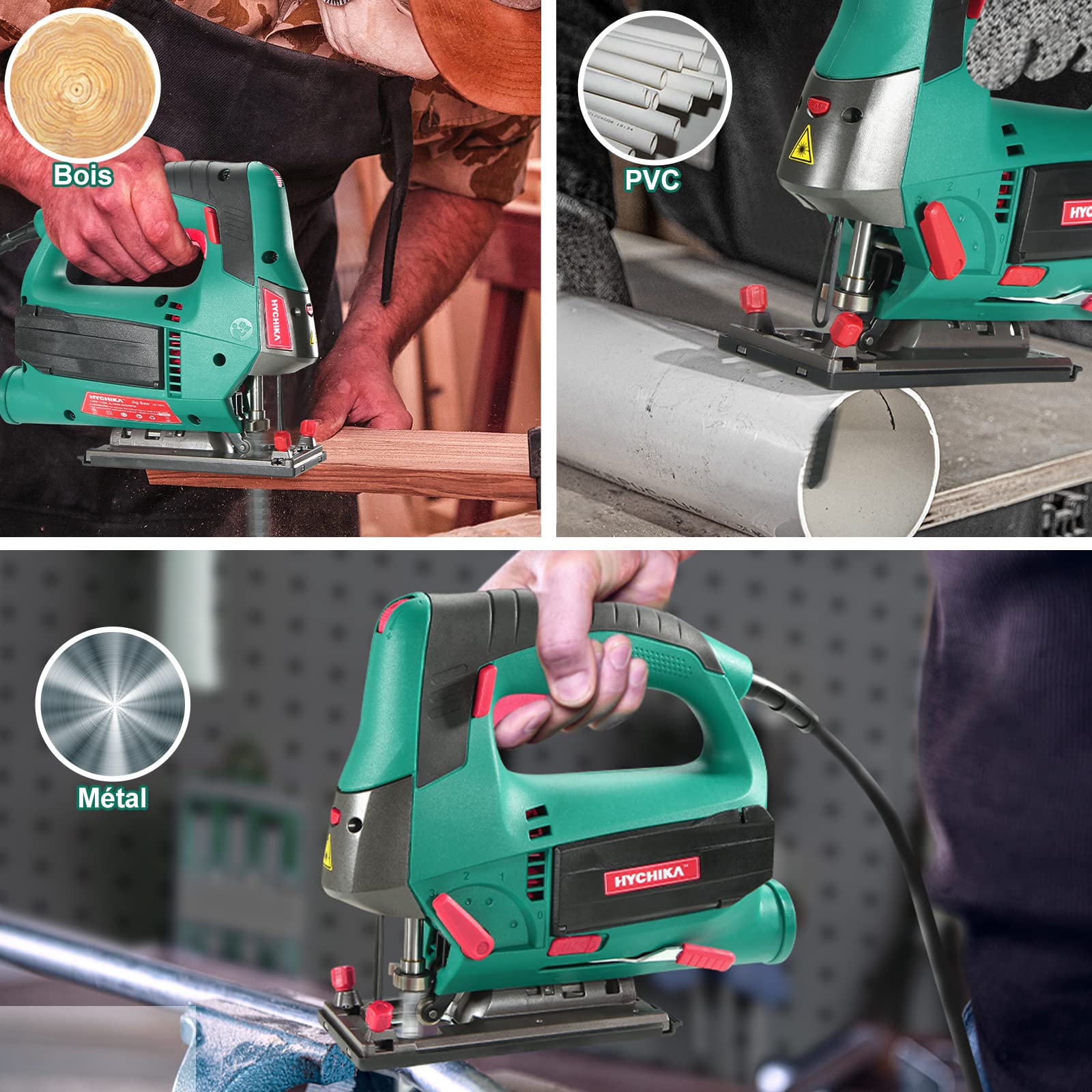 HYCHIKA Scie Sauteuse 800W, 800-3000SPM, 6 Vitesses Réglables, 4 Modes de Coupe, Angle d'inclinaison ±45 °, 6 Lames de Scie, Changement de Lames Rapide