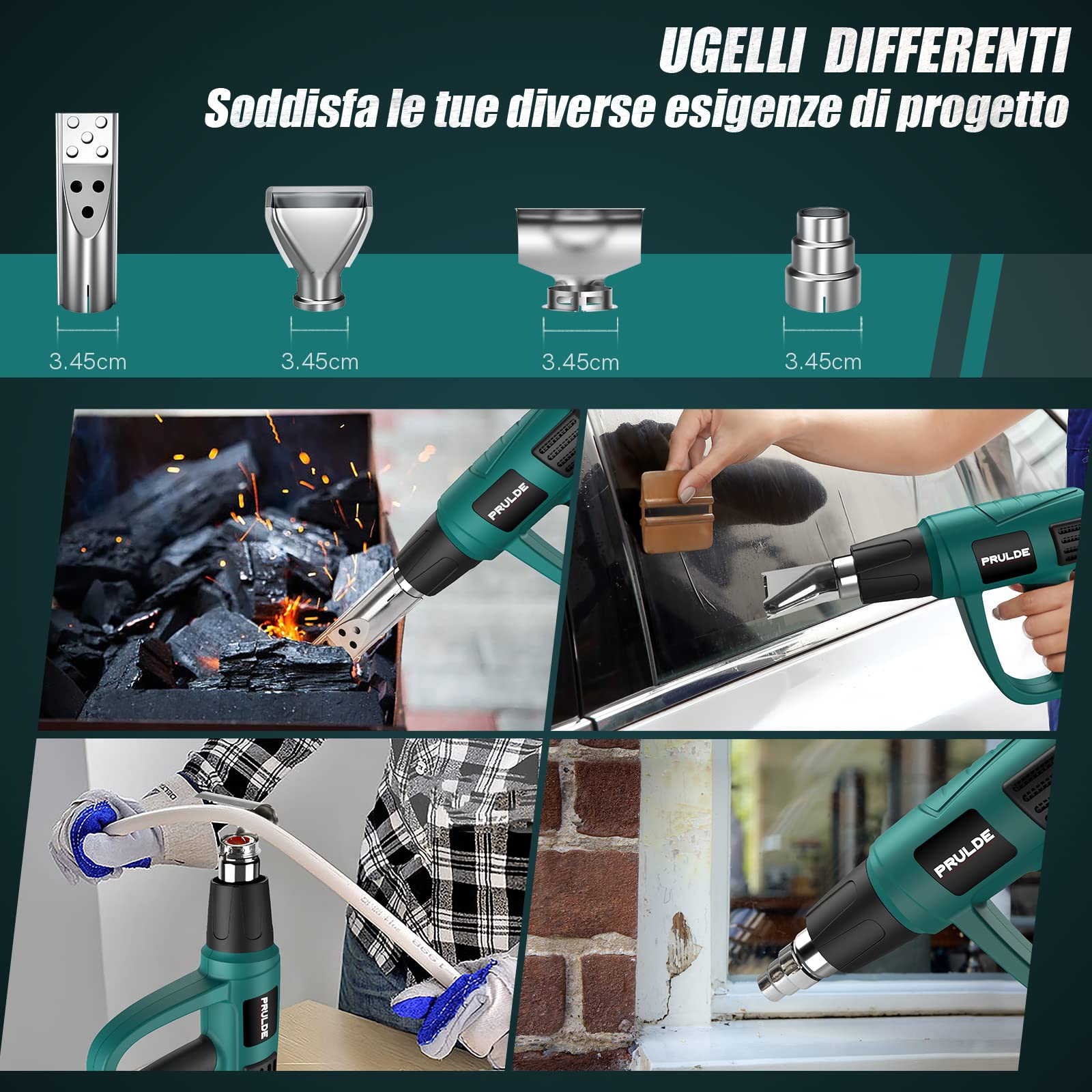 PRULDE Pistola Termica Elettrica, 2000W Pistola ad Aria Calda con Display Digitale LCD, Controllo Temperatura Variabile (50℃- 650℃) con 4 ugelli per rimozione vernice, saldatura e restringimento