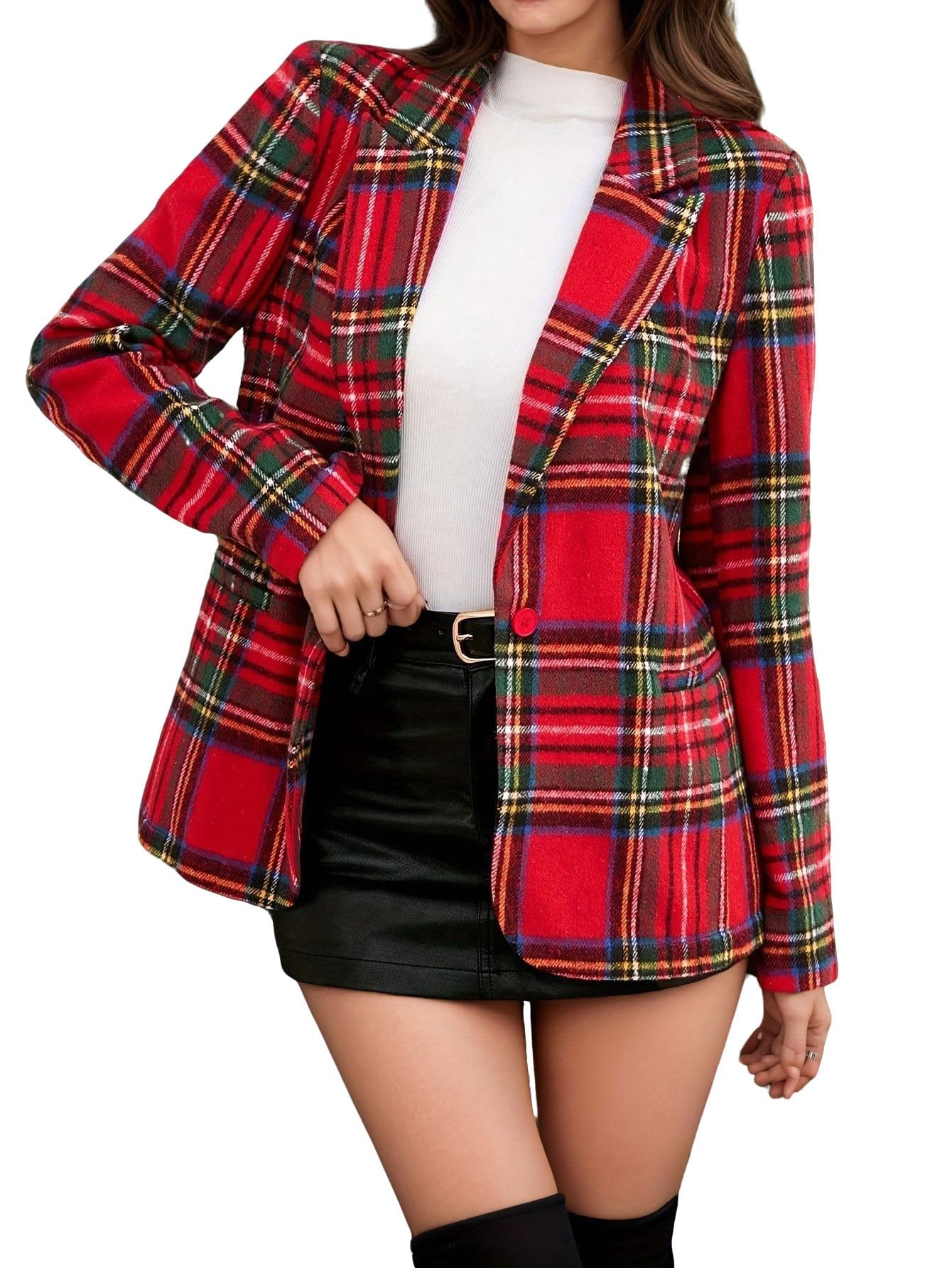 utcoco Womens Christmas Plaid Blazer Red Tartan Festive Button Casual Jacket for Holiday Party Fall Winter