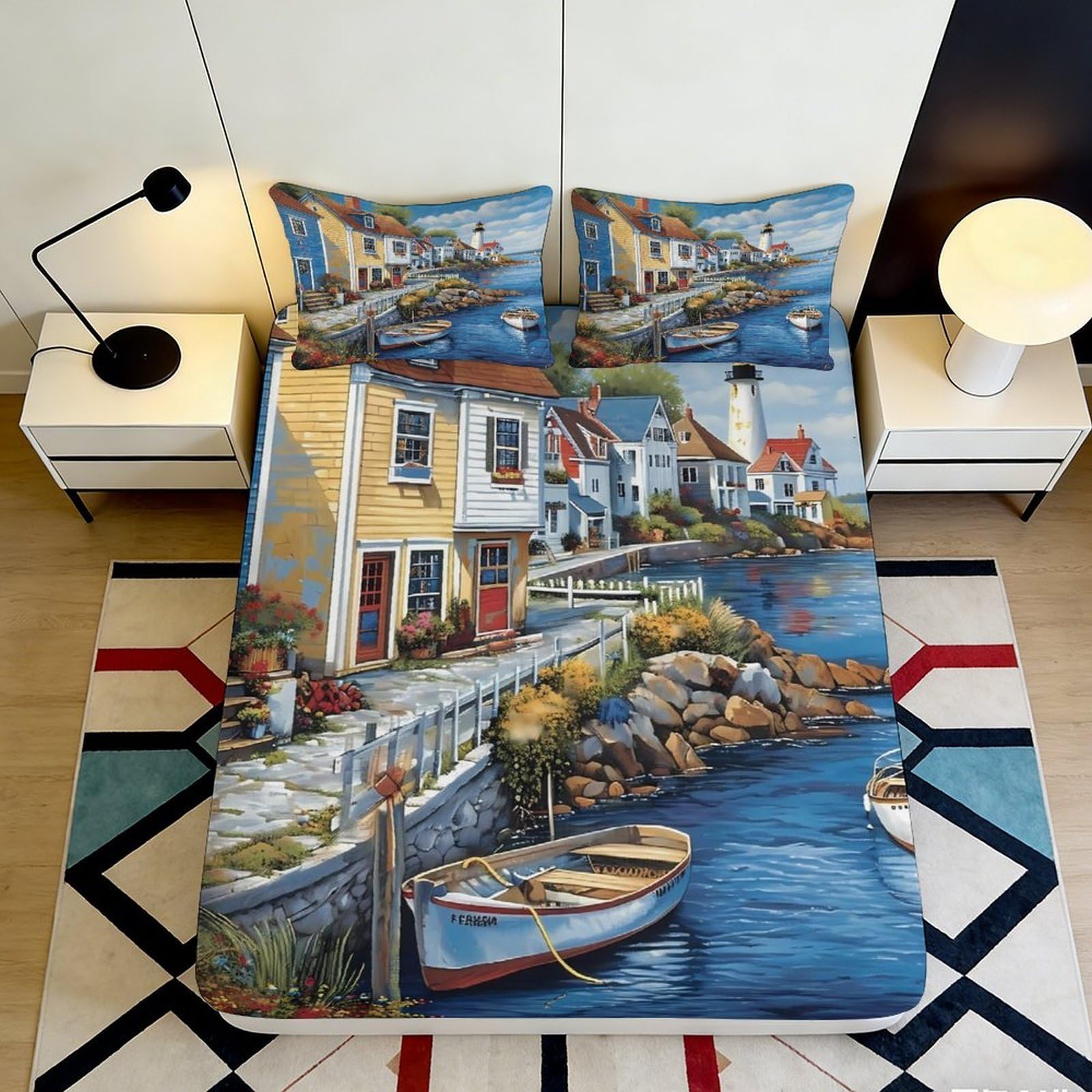 Pnayamiorkfel Style-1 3D Printed Coastal Village Fitted Sheet Microfiber Soft Anti-Slip Mattress Cover Nautical Boat Decor For Bedroom Guest Room 90X200x25cm