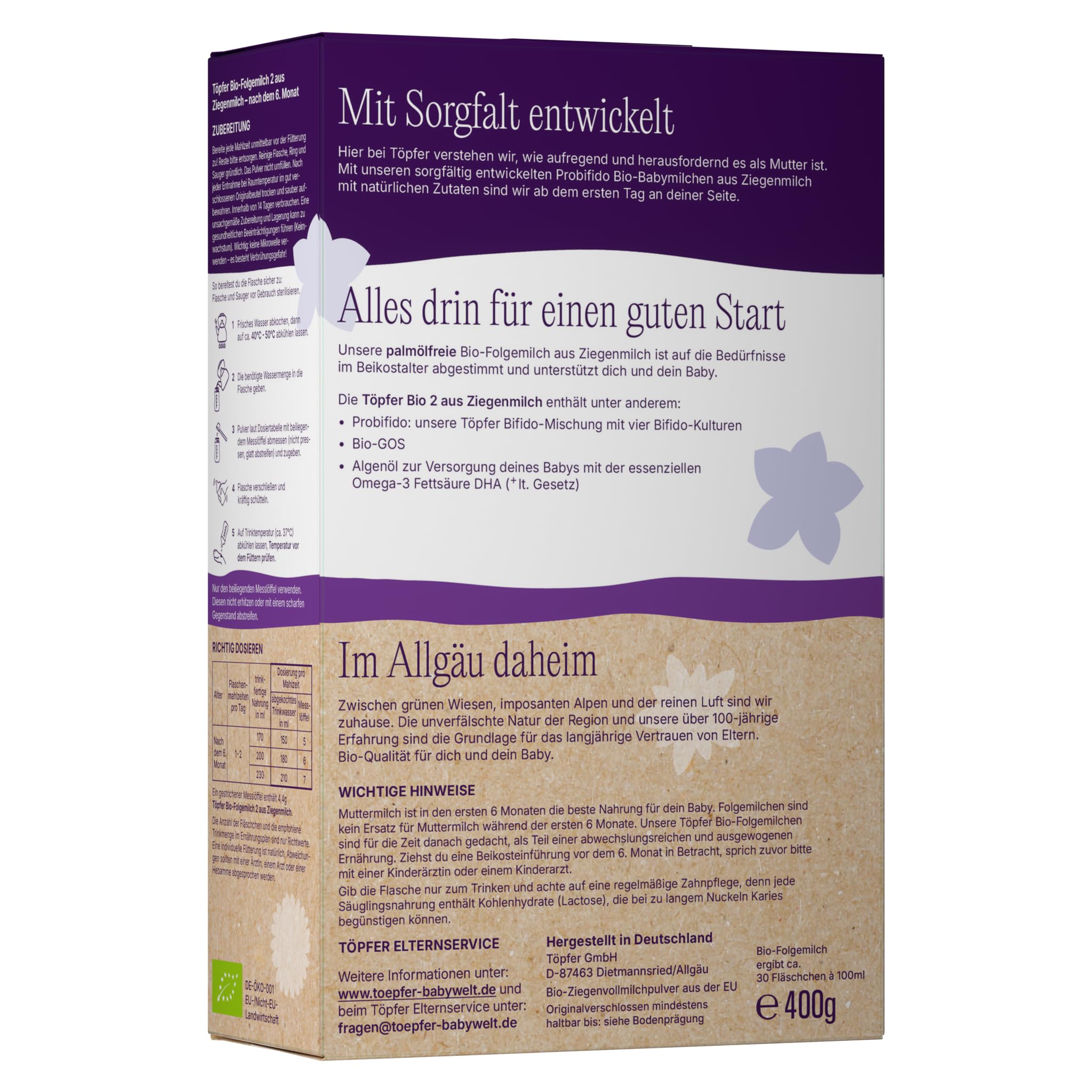 Töpfer Bio Folgemilch 2 aus Ziegenmilch – palmölfrei – Bio-Folgenahrung nach dem 6. Monat – mit Bio-GOS & 4 Bifido-Kulturen – ARA & DHA aus Algenöl – 4x400g