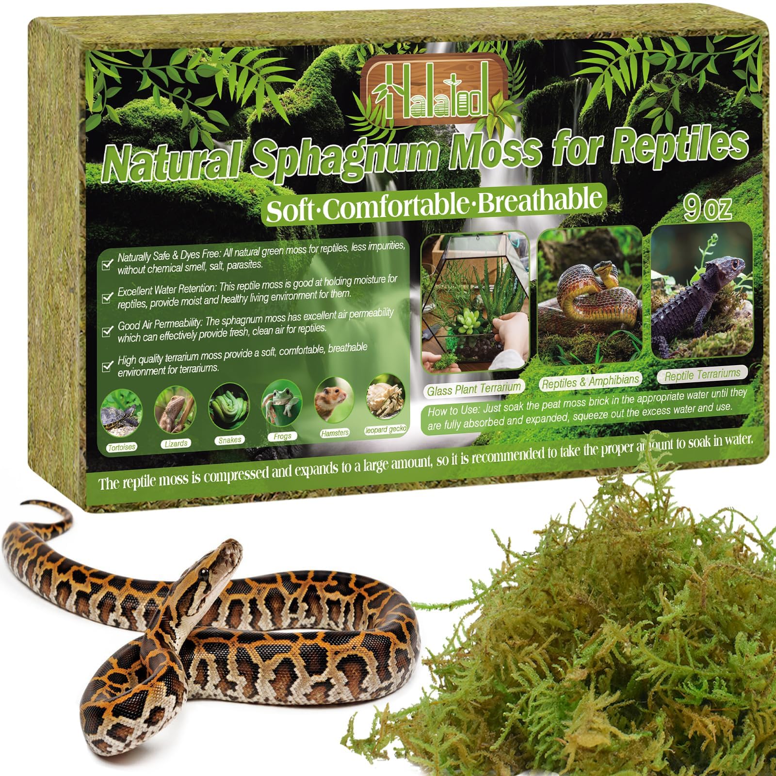 Halatool 9OZ Natural Sphagnum Moss for Reptiles- 14QT Green Moss for Terrarium Plants Long Fiber Reptile Moss for Leopard Gecko Snake Hamsters Tortoises Frogs Lizards Salamanders