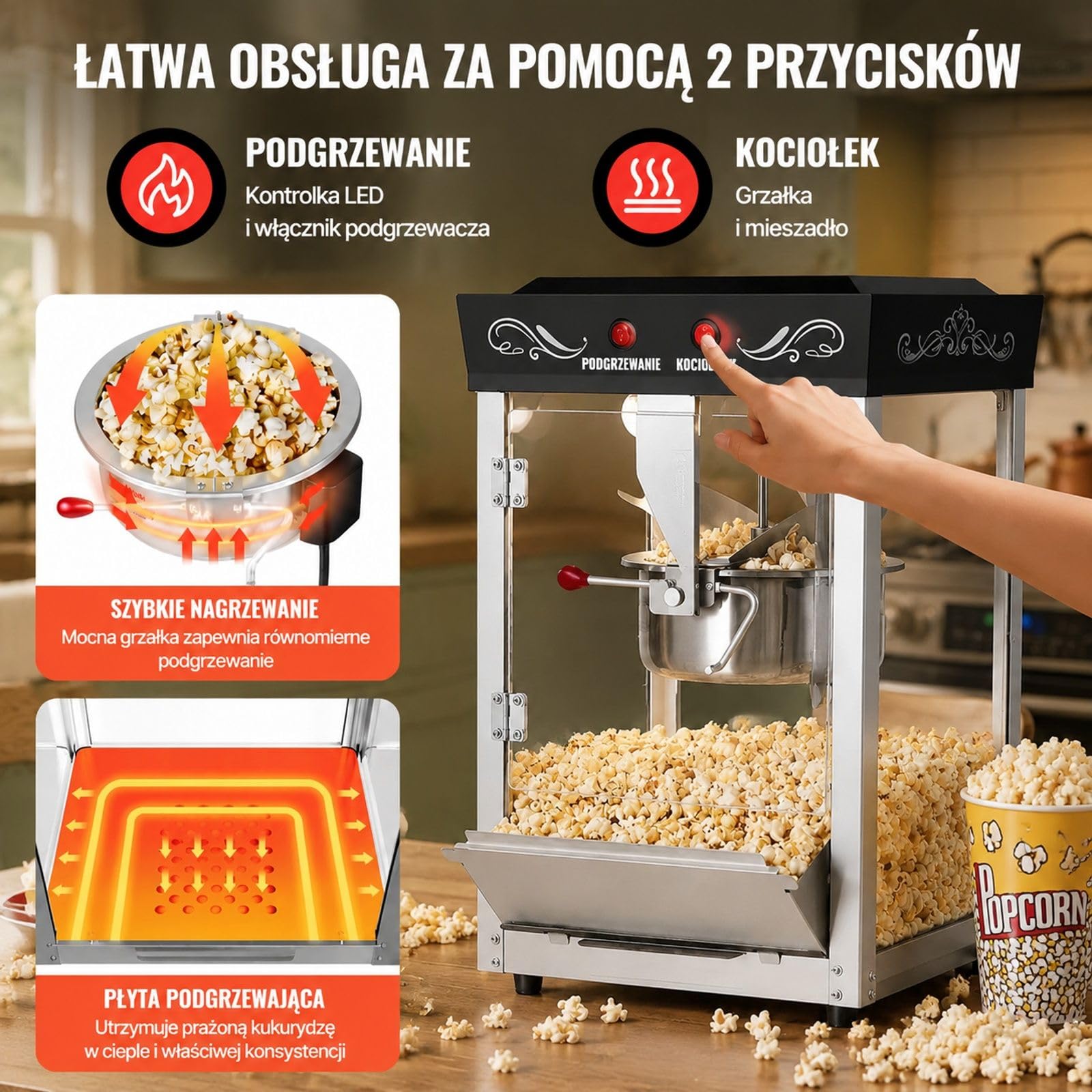 Maszyna do popcornu 800 W, kocioł ze stali nierdzewnej 8 oz, 48 filiżanek na partię, styl kinowy, 2 przyciski, szklana ścianka, drzwi z poliwęglanu, czarna