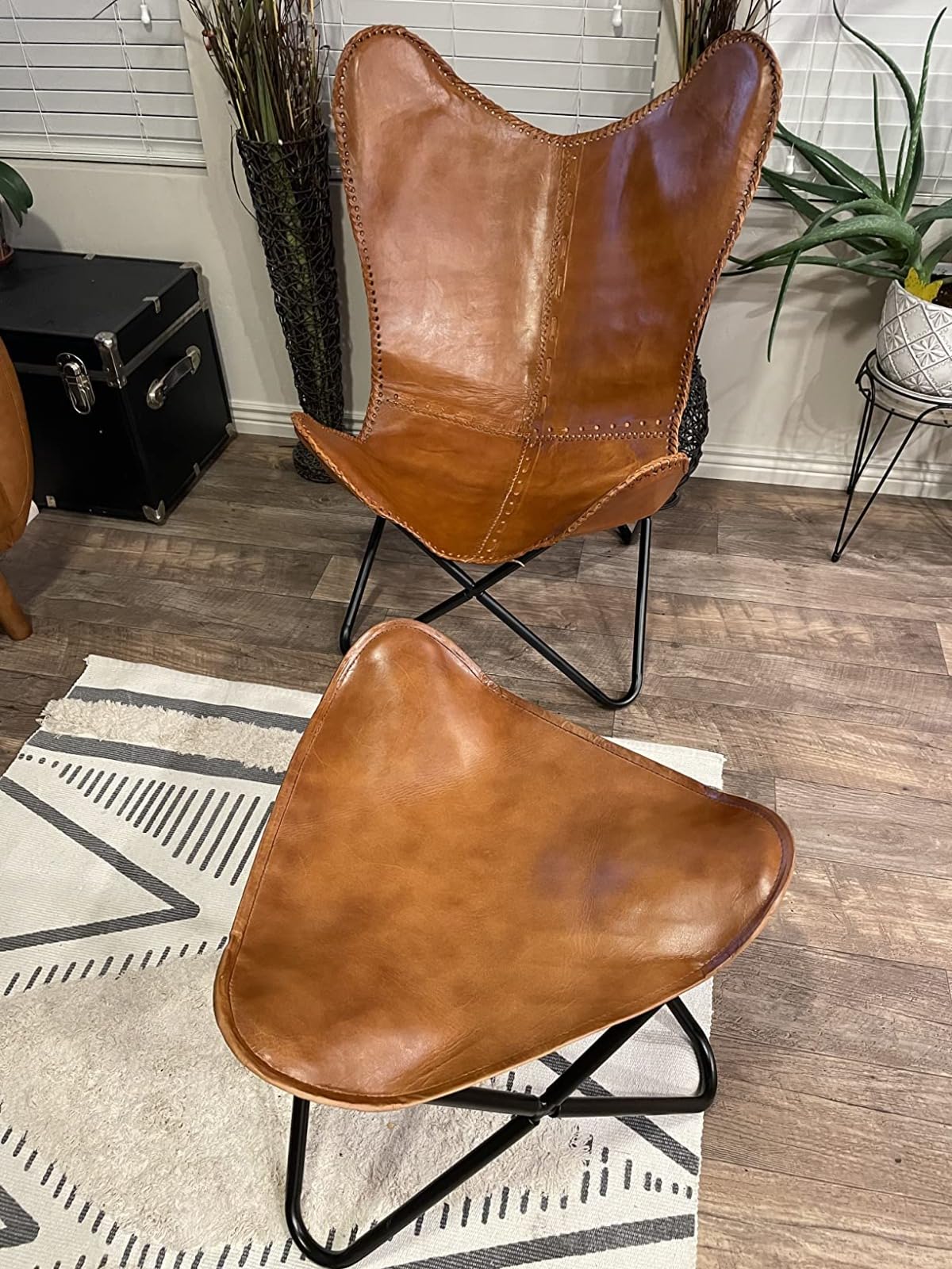 NATURALS EXPORT Leather Chairs-Butterfly Handmade with Powder Coated Folding Chairs with Stool Chair (Brown)