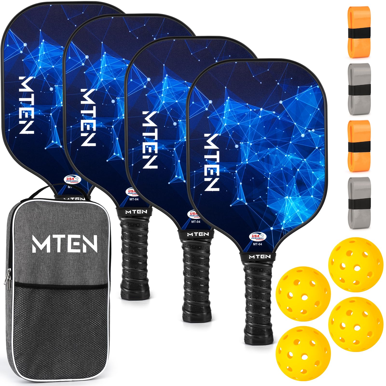 MTEN Pickleball Paddles, USAPA Approved Fiberglass Surface Pickleball Set of 4 Pickleball Rackets, Pickle Ball Paddle Set ​for Beginners & Pros