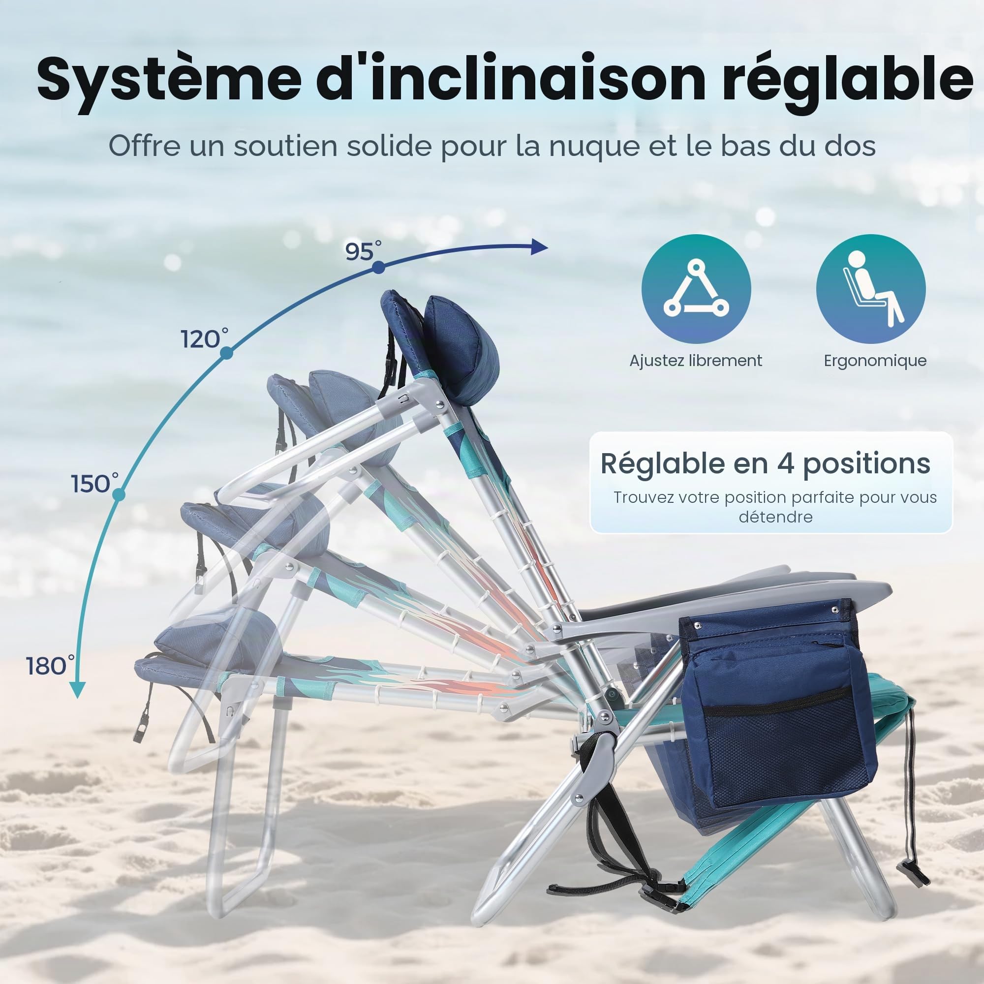 High Point Sports Lot de 2 Chaises de Plage Pliantes Légères et Portables Inclinables avec Support de 113,4 kg, 4 Positions pour Adultes, Cadre en Aluminium, Tissu Oxford 600D, Bleu | Chaise longue portable légère avec capacité de charge de 250 kg, chaise