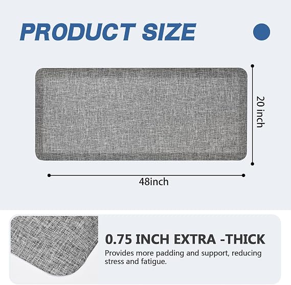 Anti Slip 3/4 inchs Anti Fatigue Kitchen Floor Mat, Ergonomic Comfort Standing Mat, Waterproof Kitchen Runner for Home, Kitchen, Office, Laundry, Garage (Light Gray, 20 x 48 -0.75)