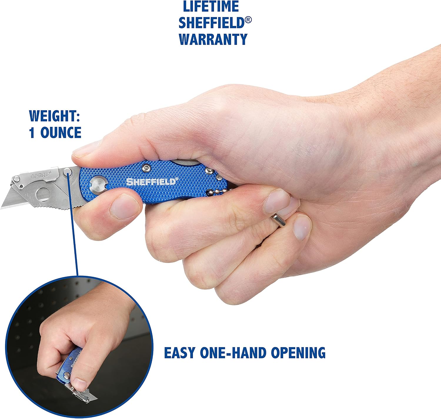 Sheffield 12116 Mini Ultimate Lock Back Utility Knife | Cut Boxes, Paper, Twine, etc. | Extra Quick-Change Blades Can Be Stored in Handle | Durable & Light Weight | Steel Blades, Aluminum Handle |Blue