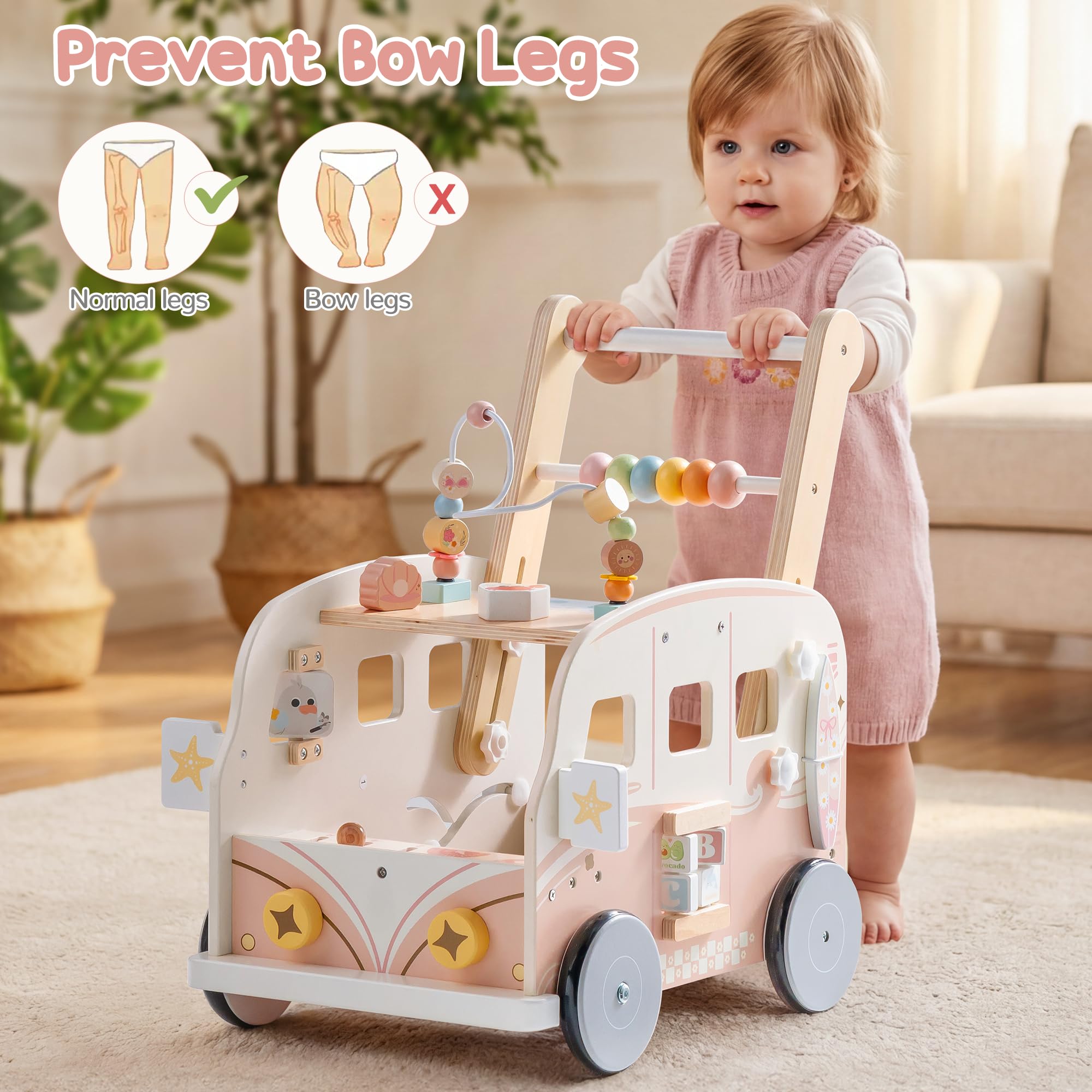 ROBOTIME Passeggino in legno, multifunzione, con regolazione dell'altezza e controllo della velocità, regalo per bambini da 10 a 36 mesi, sirena rosa