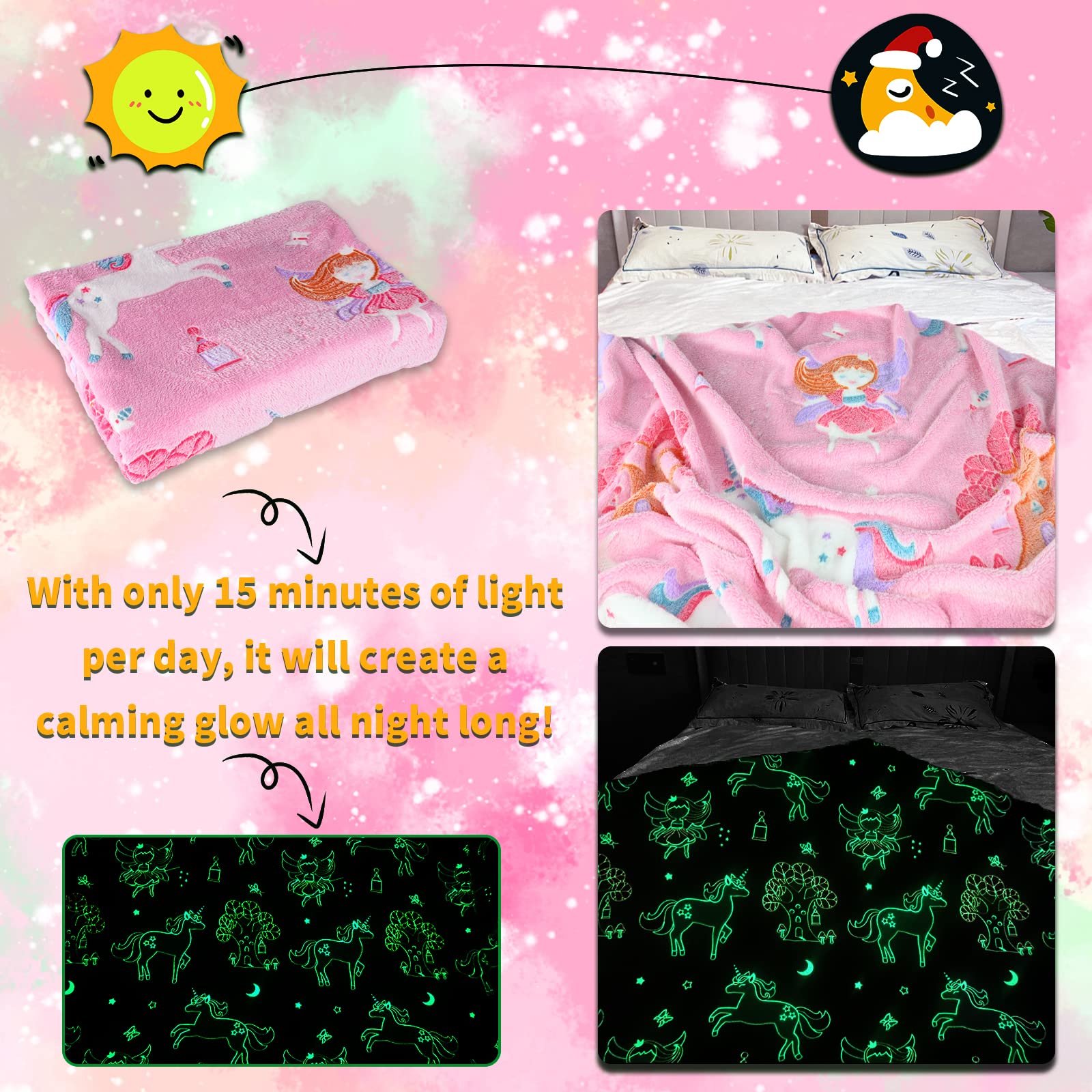 HSGLGNA Coperta per bambini, con unicorno, luce al buio, idea regalo per ragazze, super morbida e calda, coperta da letto, con unicorno, colore: rosa (unicorno 05, 150 x 200 cm)