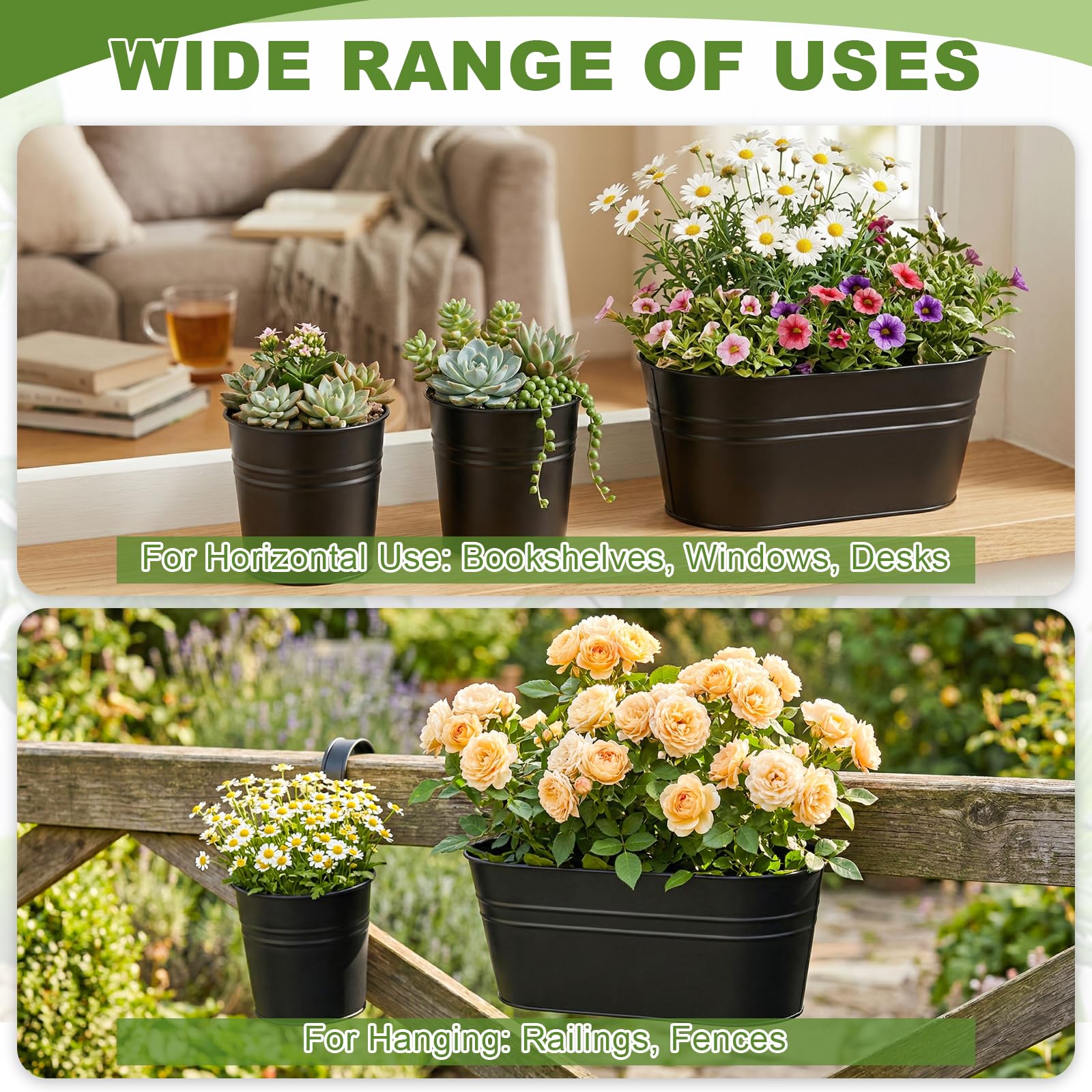 Lot de 6 Pots de Fleurs à Suspendre en Métal, Seaux à Fleurs Suspendre avec Crochet Amovible,Pots Suspendus Balcon Décor avec Set de 3 Outils de Jardinage