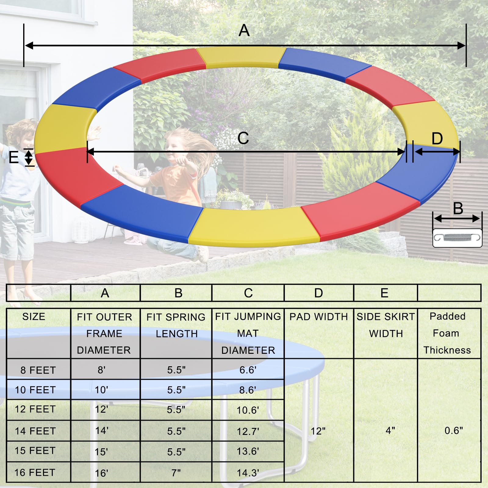 KOTEK Trampoline Pad, 8FT 10FT 12FT 14FT 15FT 16FT Trampoline Spring Cover, No Hole for Pole, Tear-Resistant, Waterproof Trampoline Accessories Safety Pad, Trampoline Padding Replacement